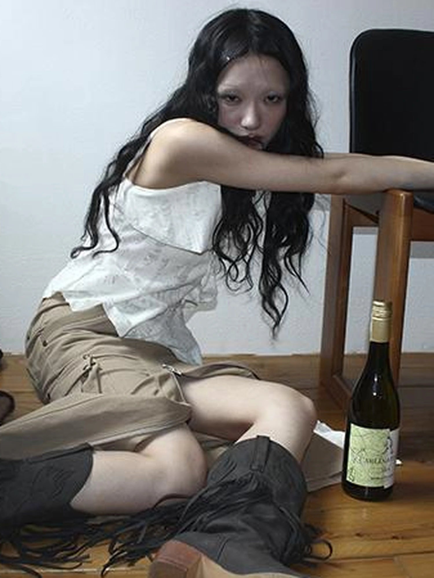 Distressed Asymmetrical Hem V-Neck Tank Top with Ruffle Straps