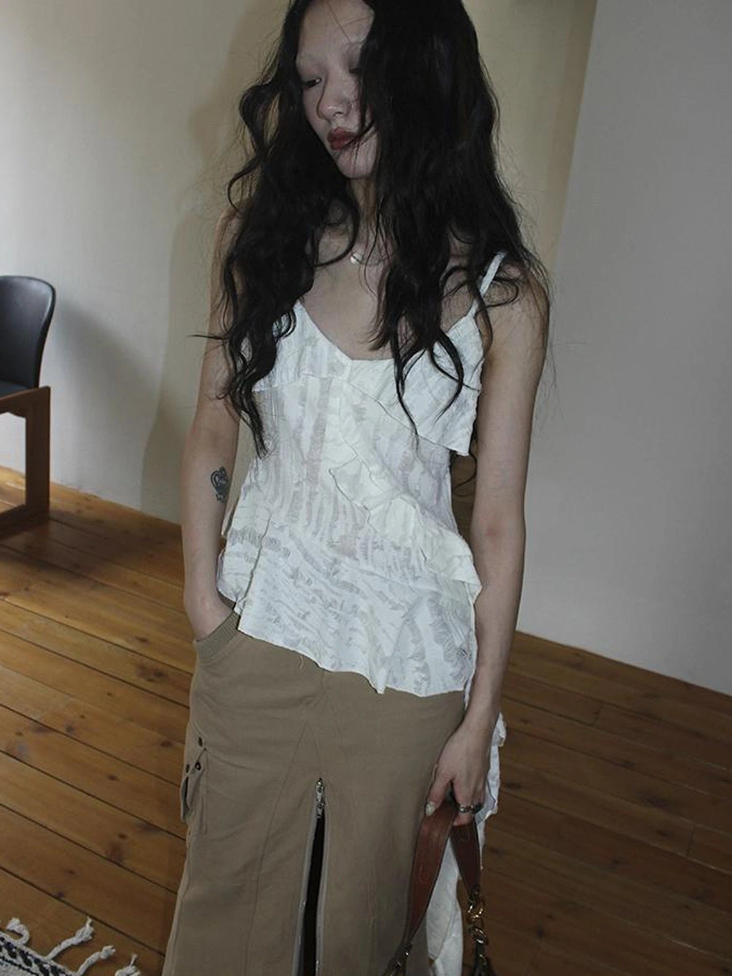 Distressed Asymmetrical Hem V-Neck Tank Top with Ruffle Straps