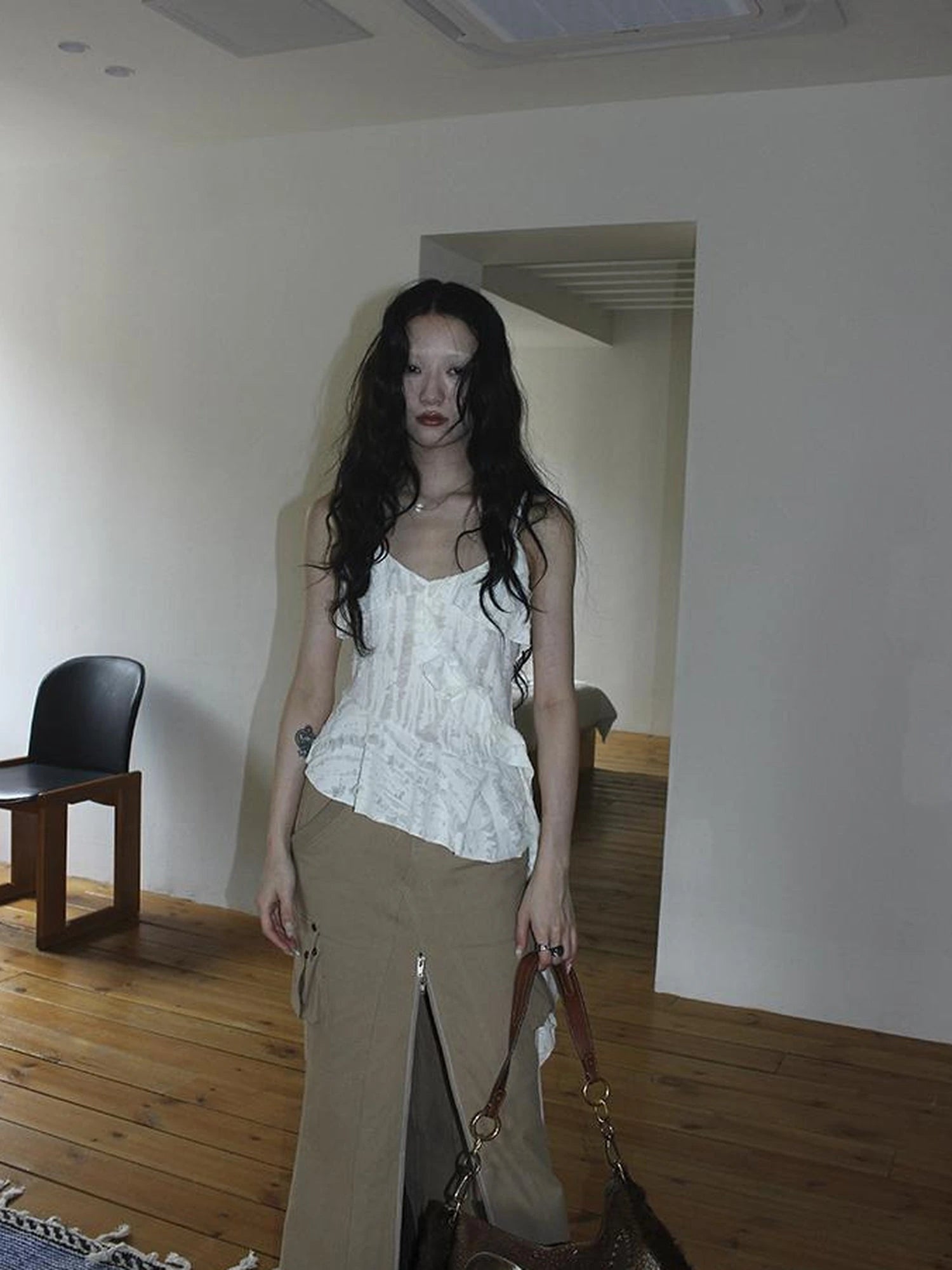 Distressed Asymmetrical Hem V-Neck Tank Top with Ruffle Straps