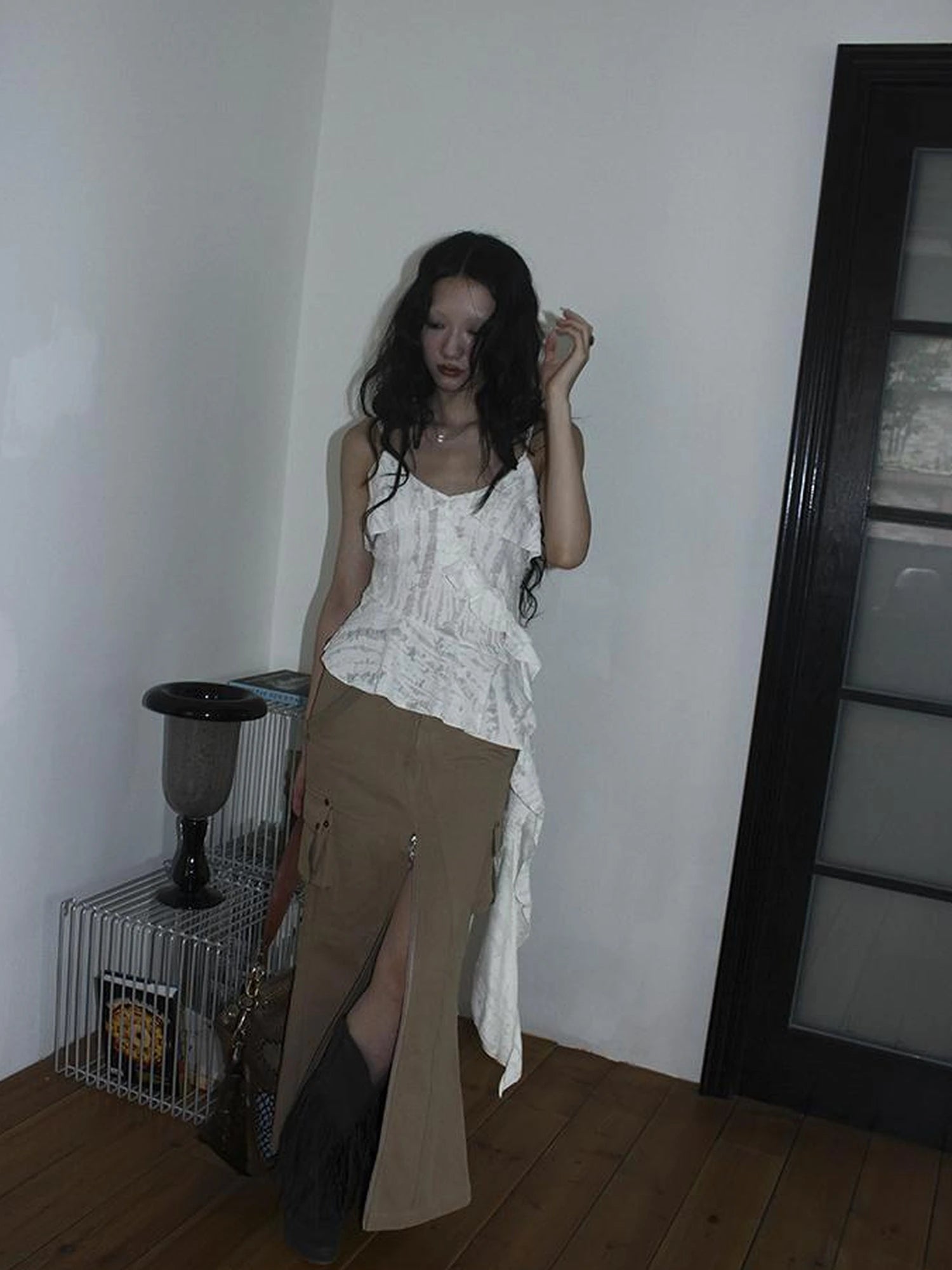 Distressed Asymmetrical Hem V-Neck Tank Top with Ruffle Straps