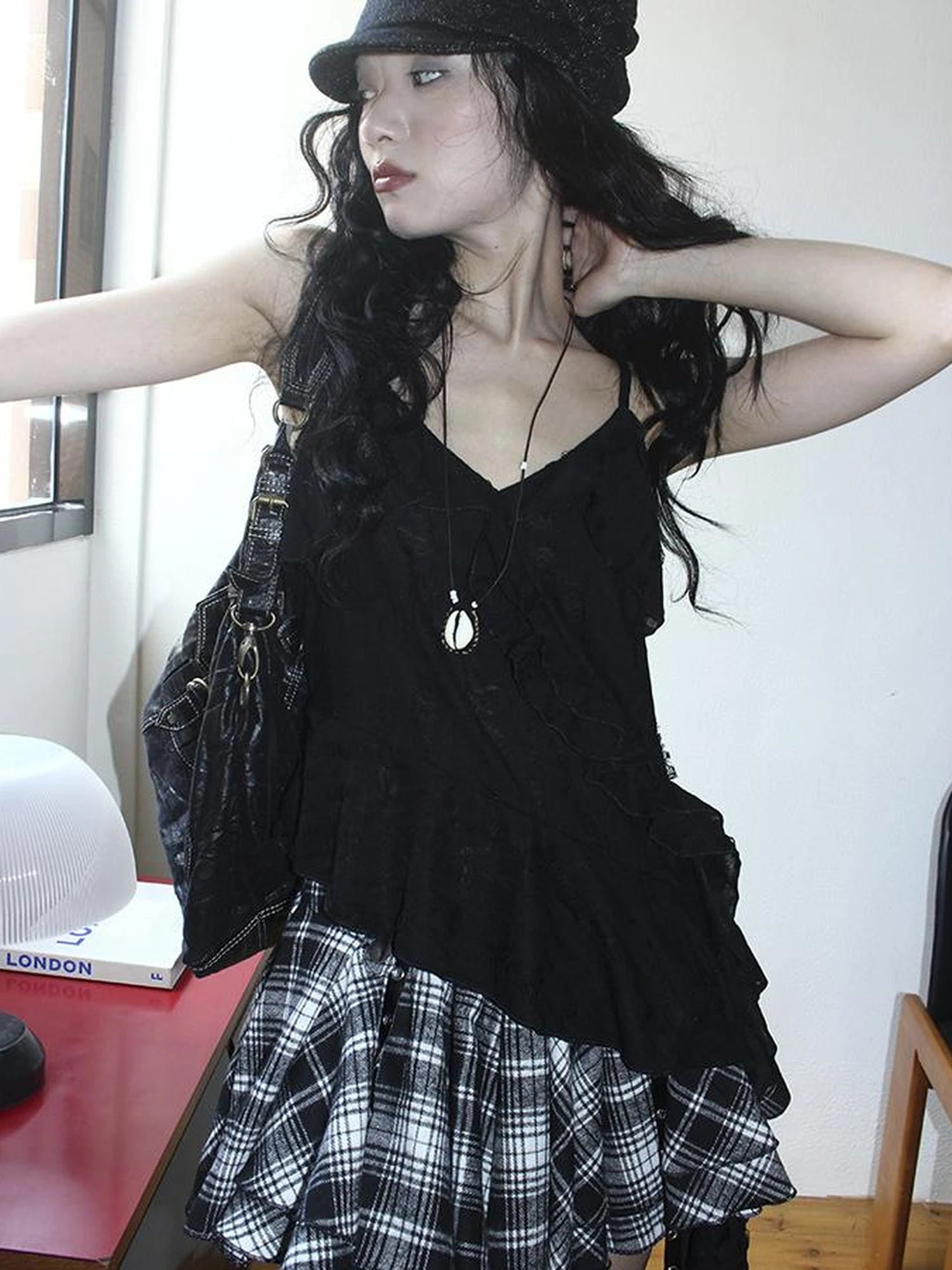 Distressed Asymmetrical Hem V-Neck Tank Top with Ruffle Straps