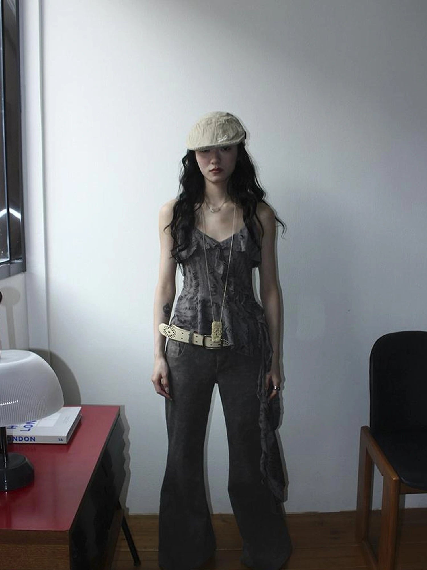 Distressed Asymmetrical Hem V-Neck Tank Top with Ruffle Straps