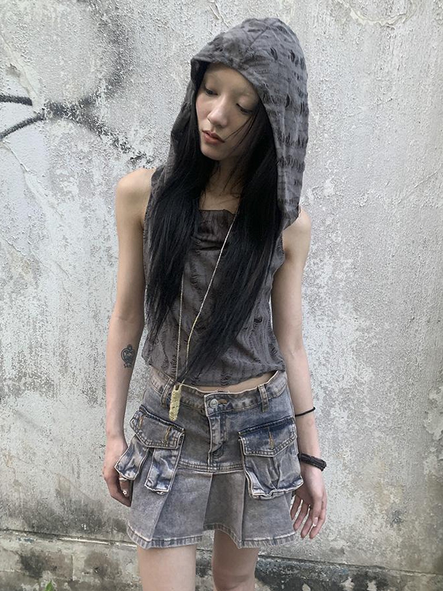 Updateang project Distressed Hooded Crop Top With Off Shoulder Cutouts