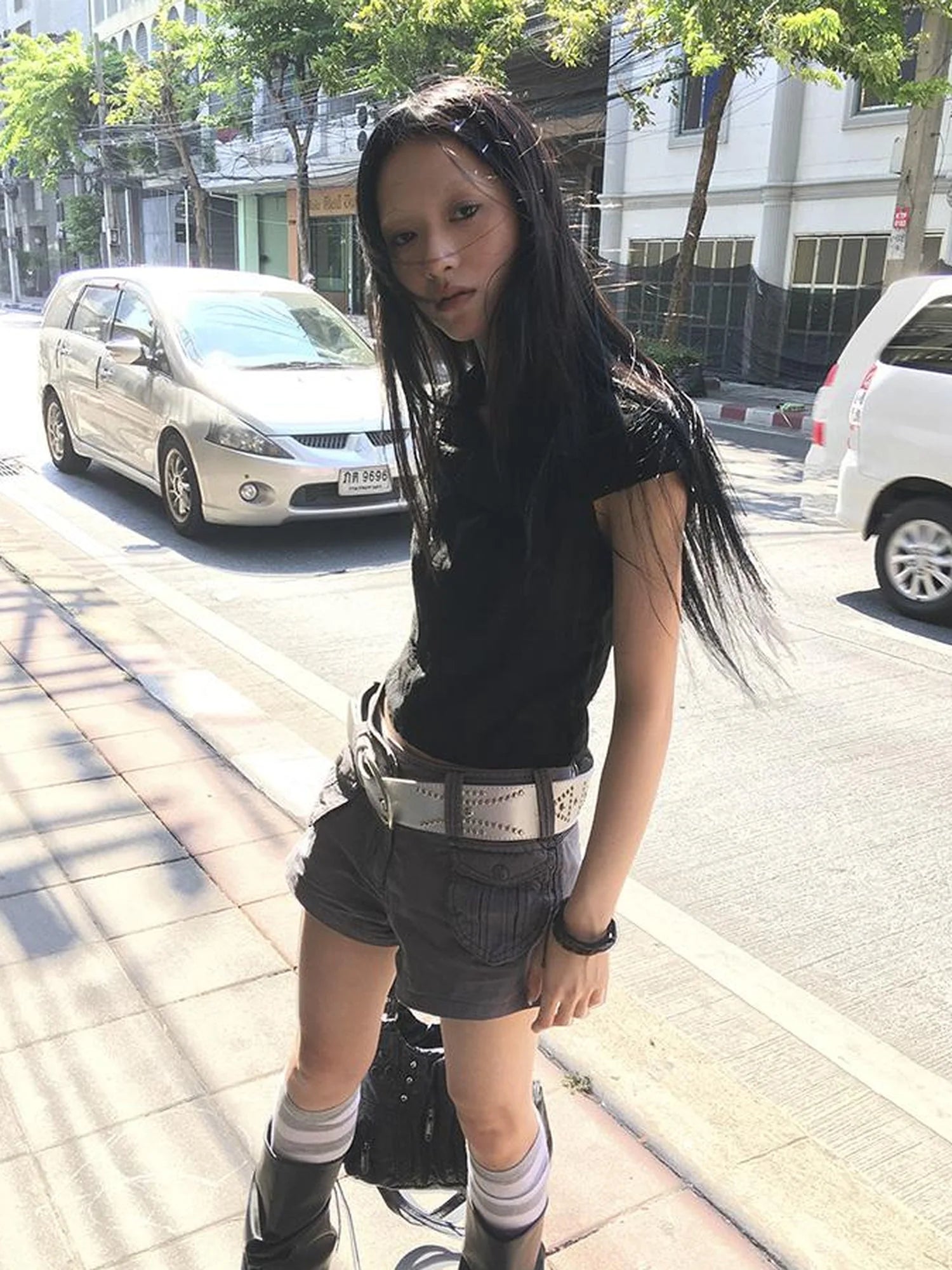 Distressed Hooded Crop Top With Off Shoulder Cutouts