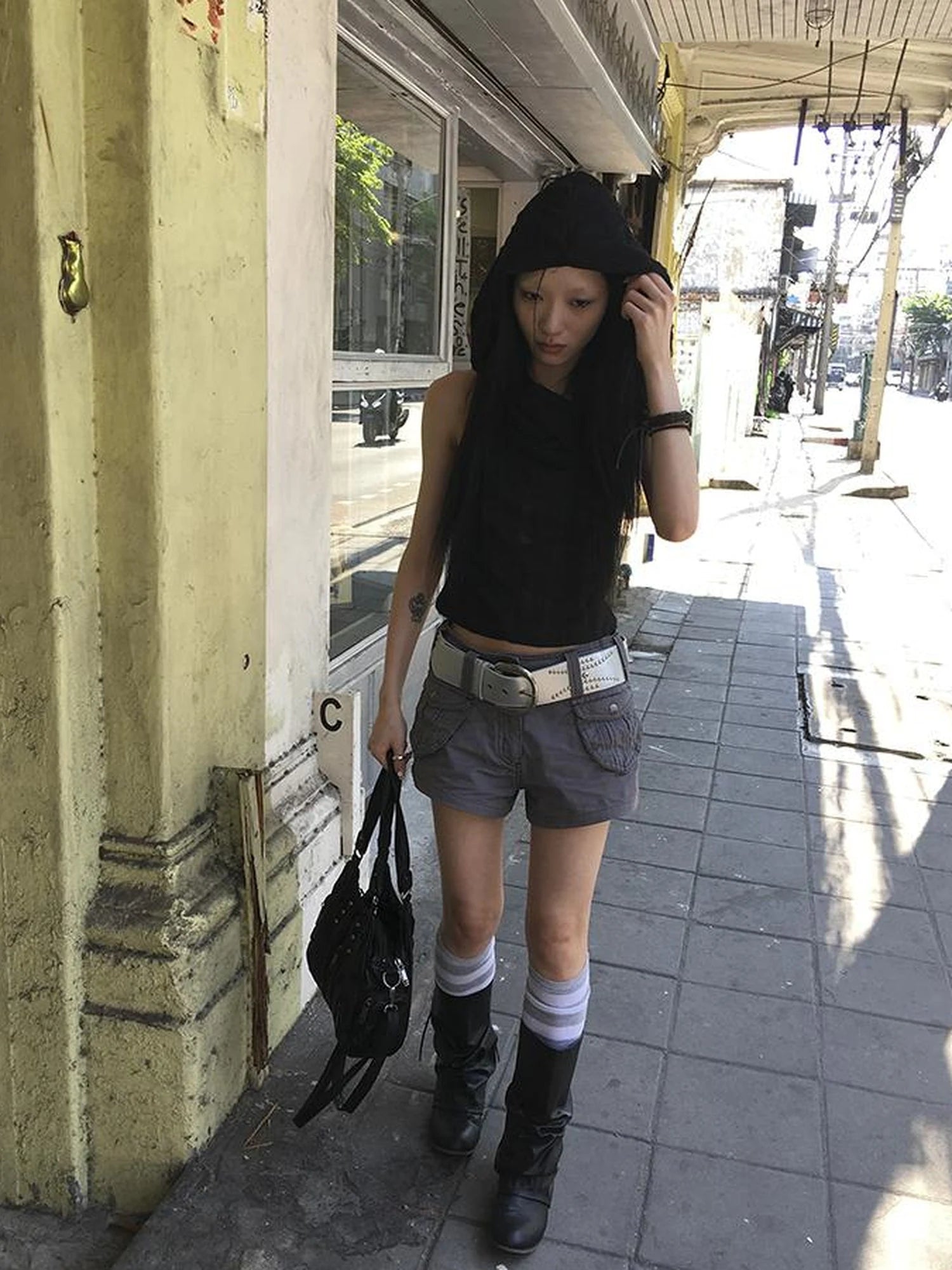 Distressed Hooded Crop Top With Off Shoulder Cutouts