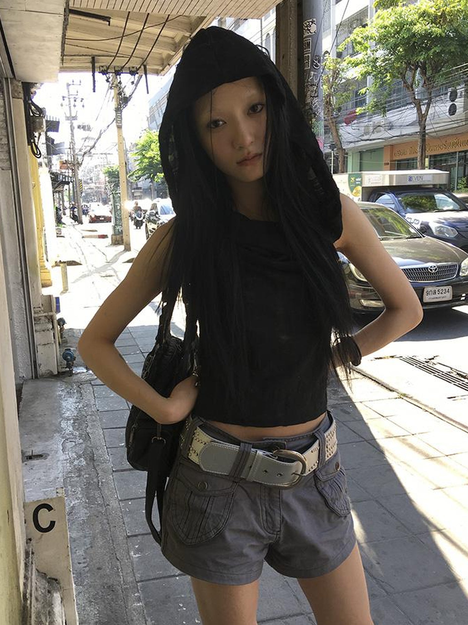 Updateang project Distressed Hooded Crop Top With Off Shoulder Cutouts