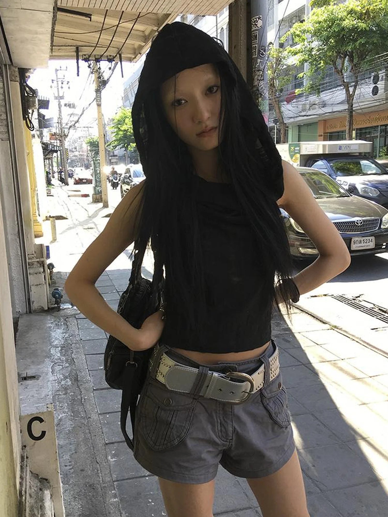 Distressed Hooded Crop Top With Off Shoulder Cutouts