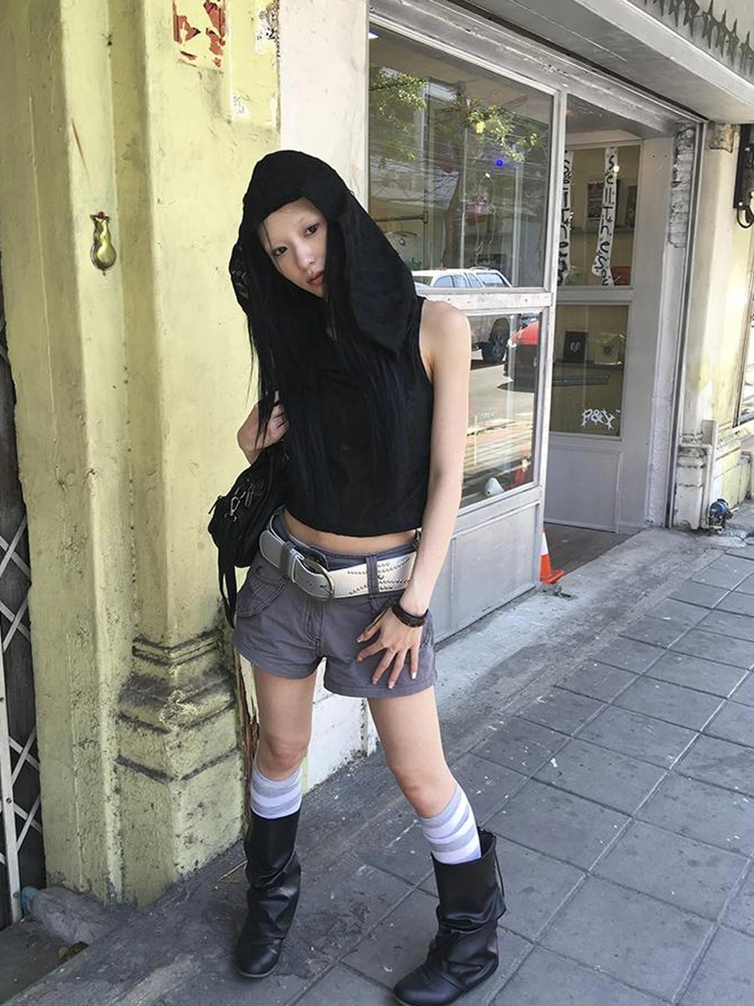 Distressed Hooded Crop Top With Off Shoulder Cutouts