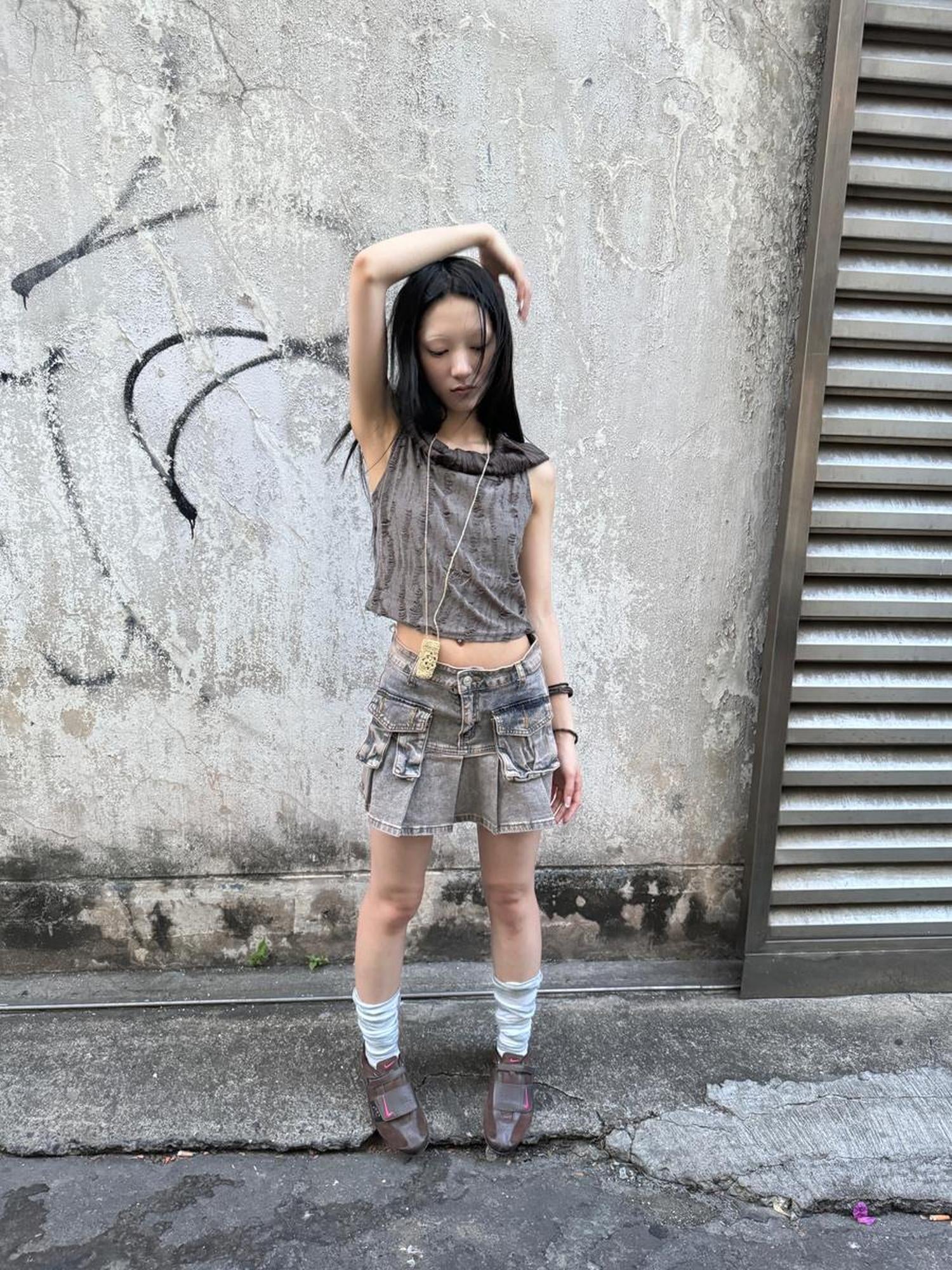 Updateang project Distressed Hooded Crop Top With Off Shoulder Cutouts