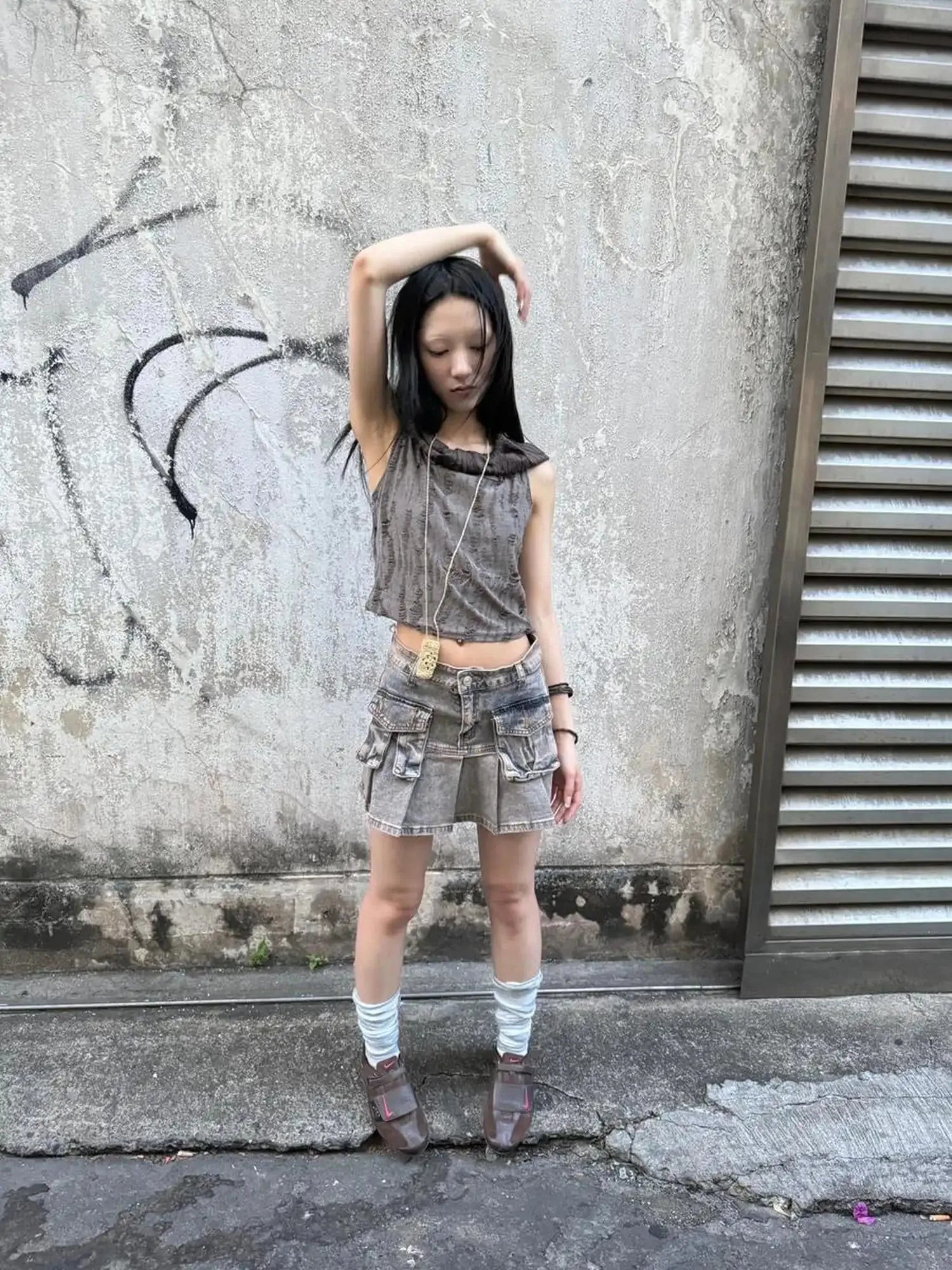 Distressed Hooded Crop Top With Off Shoulder Cutouts