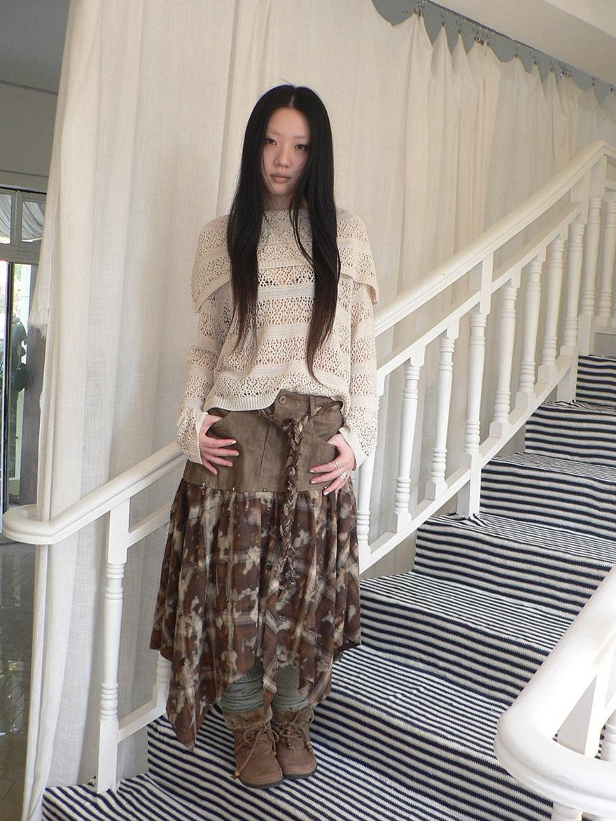 ang project Distressed Tie Dye Plaid Rivet Patchwork Asymmetric Tie Strap Women&