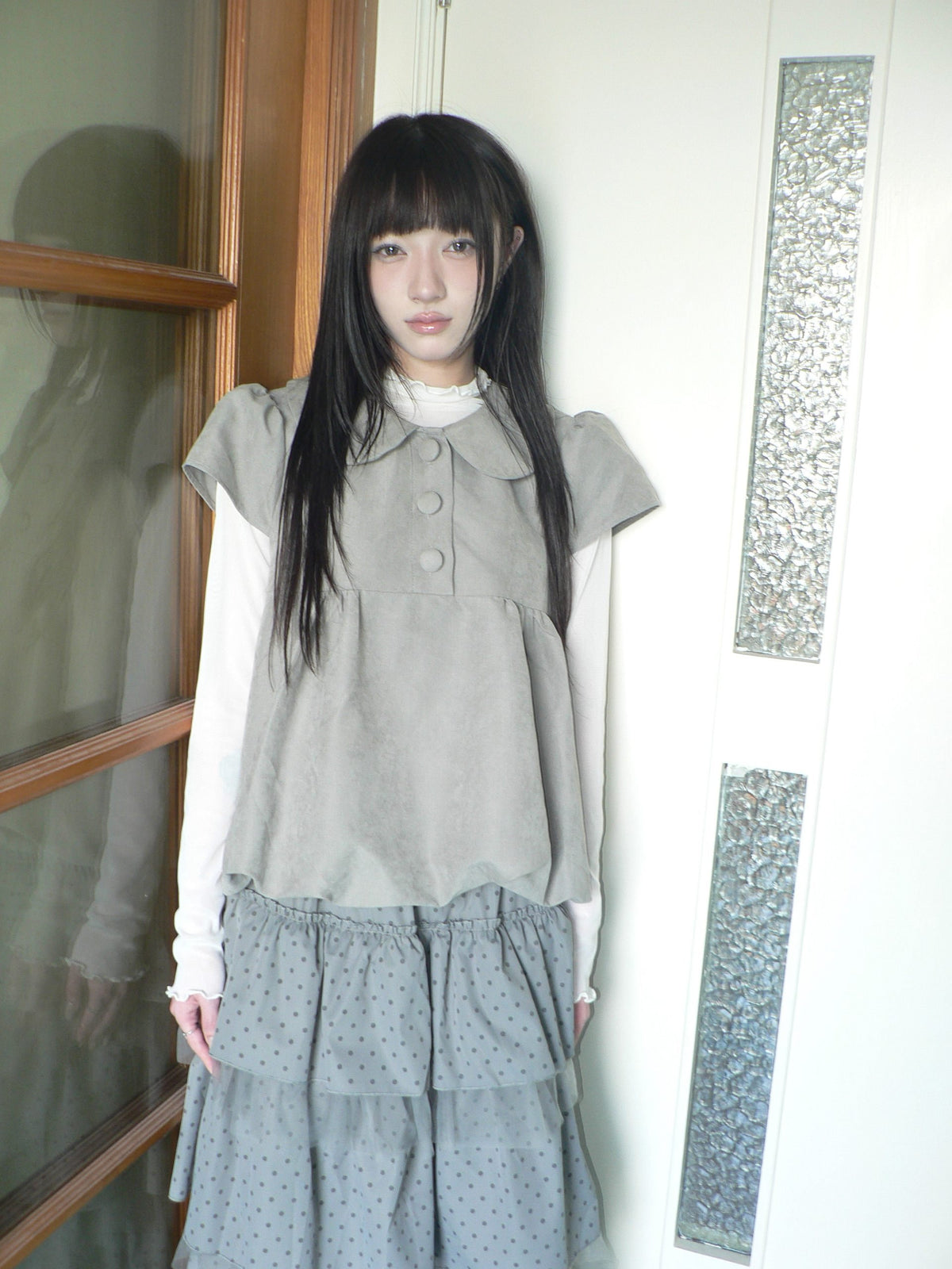 ang_project_Doll_Collar_Three_Button_Bubble_Hem_Suede_Short_Sleeve_Solid_Women&