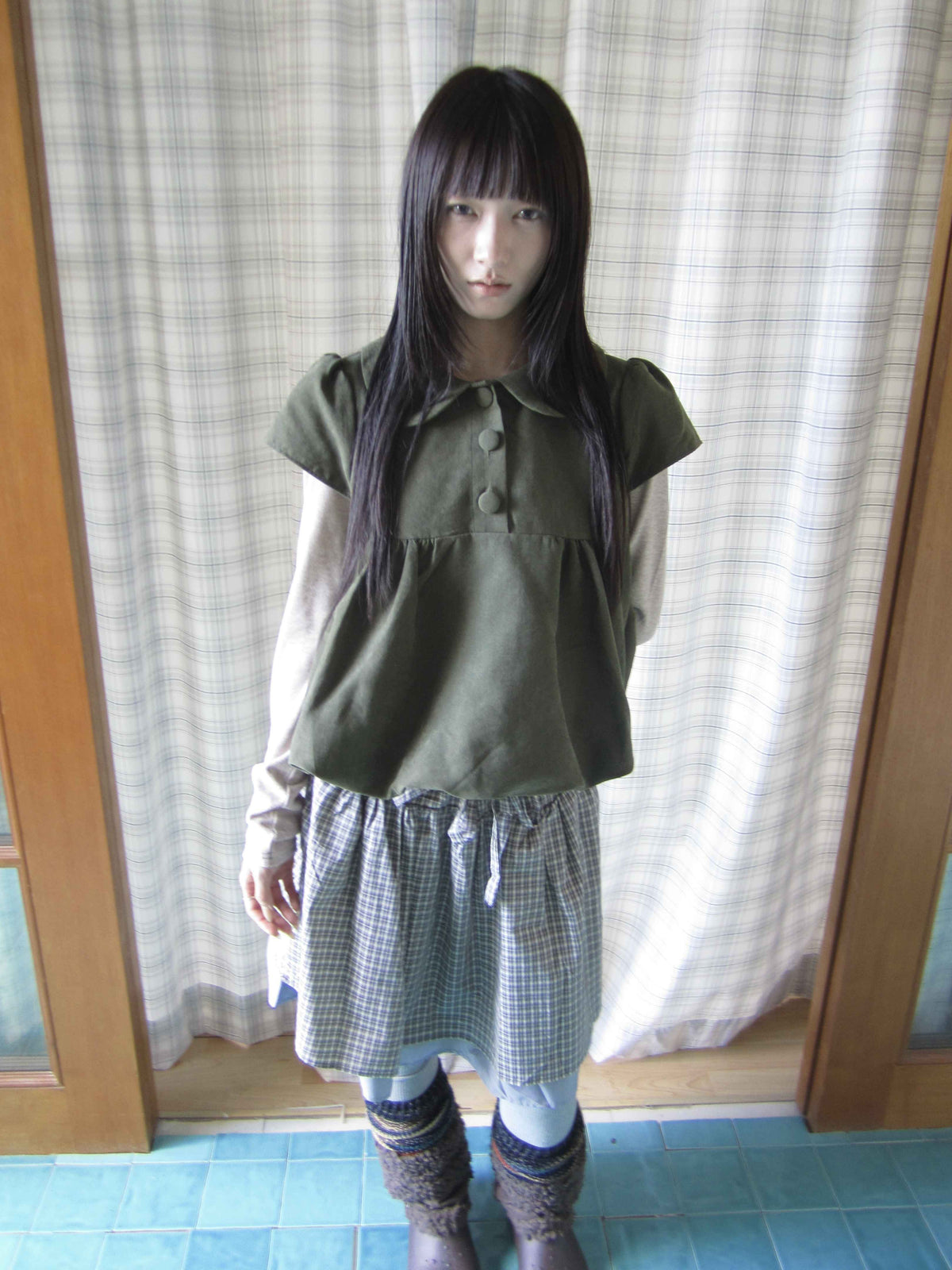ang_project_Doll_Collar_Three_Button_Bubble_Hem_Suede_Short_Sleeve_Solid_Women&