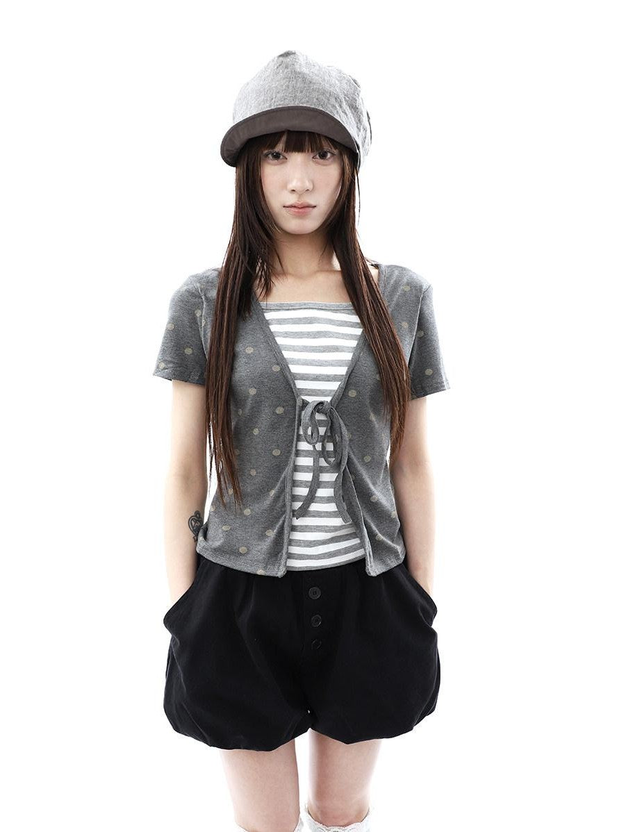 ang project Dot Stripe Patchwork Print Tie Fake Layer V-neck Women&