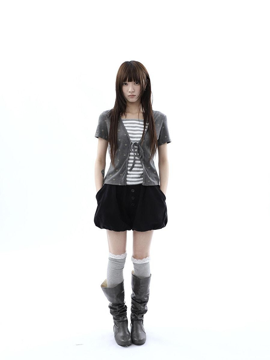 ang project Dot Stripe Patchwork Print Tie Fake Layer V-neck Women&