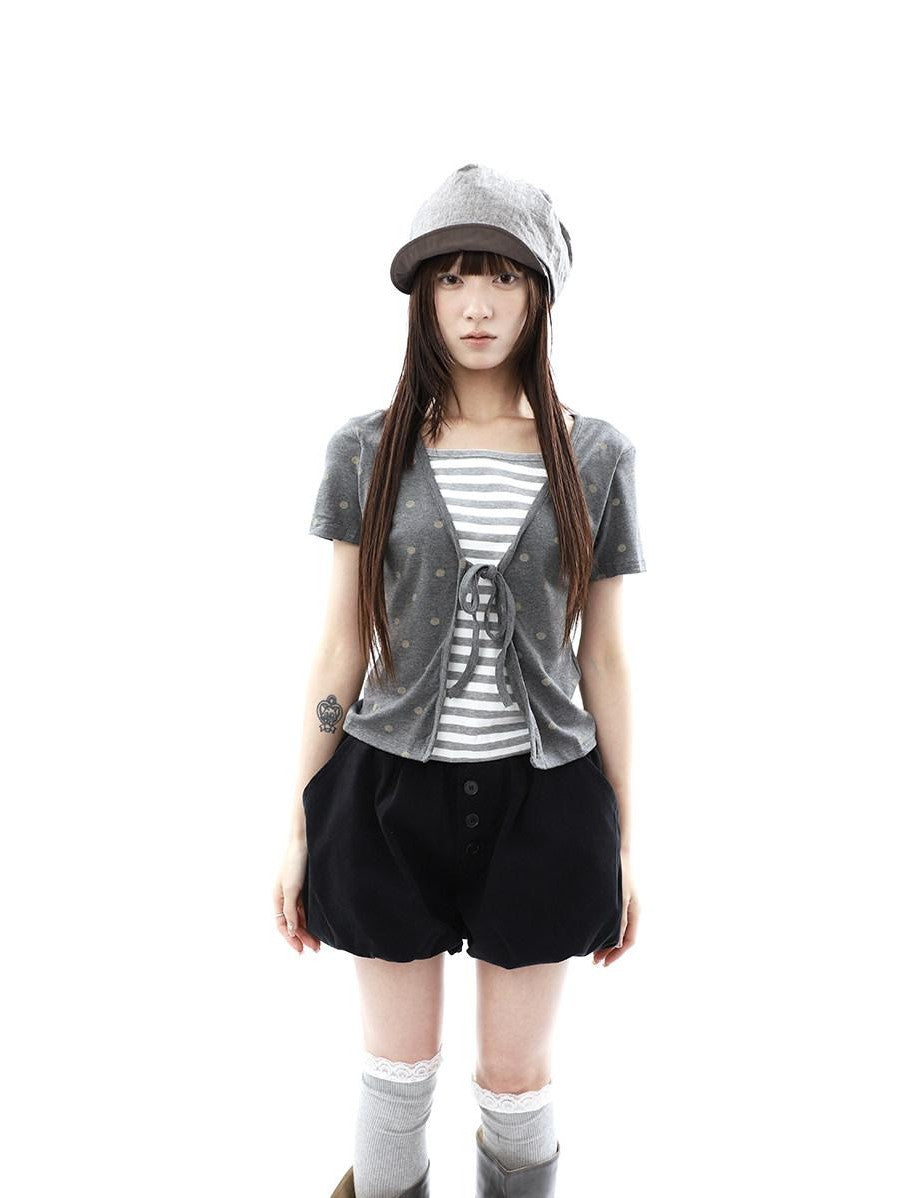 ang project Dot Stripe Patchwork Print Tie Fake Layer V-neck Women&