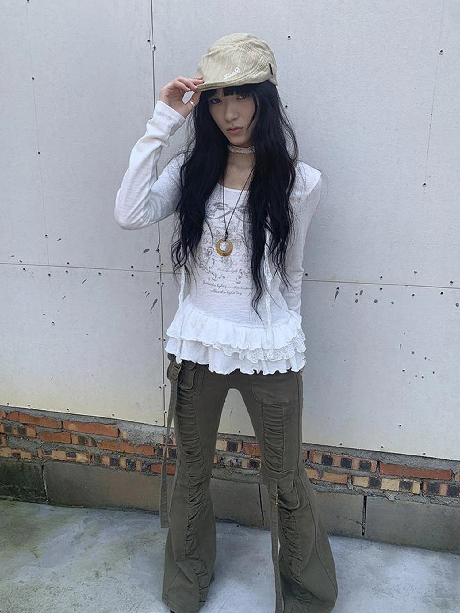 Layered Floral Print Ruffle Hem Long Sleeve Tee