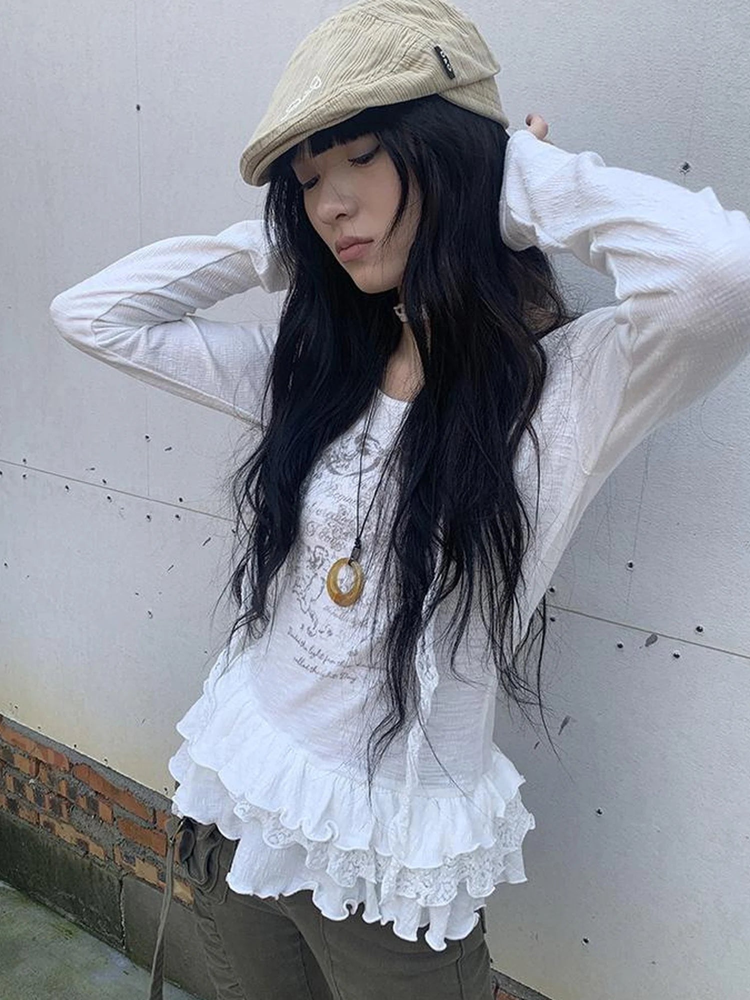 Layered Floral Print Ruffle Hem Long Sleeve Tee