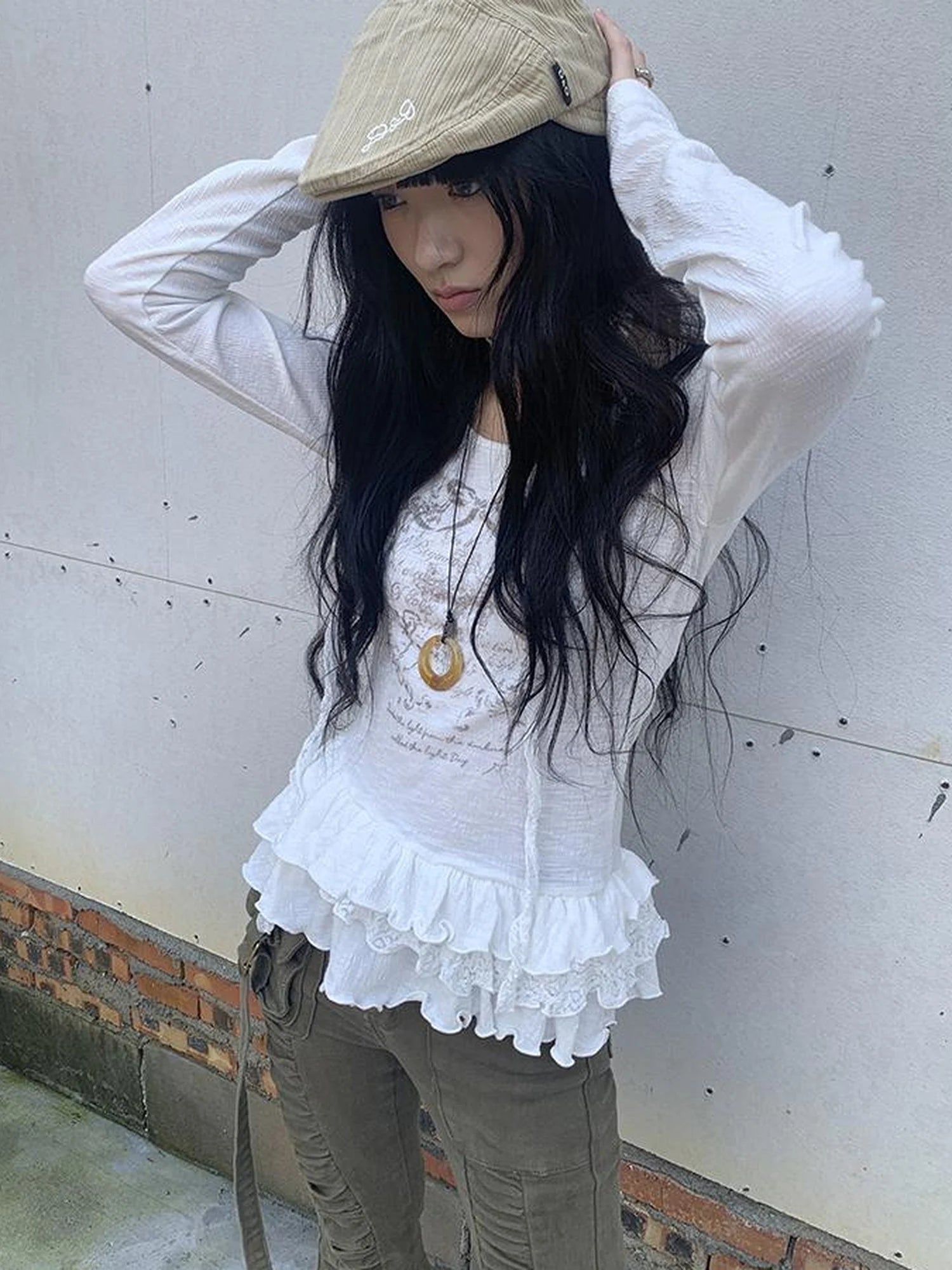 Layered Floral Print Ruffle Hem Long Sleeve Tee