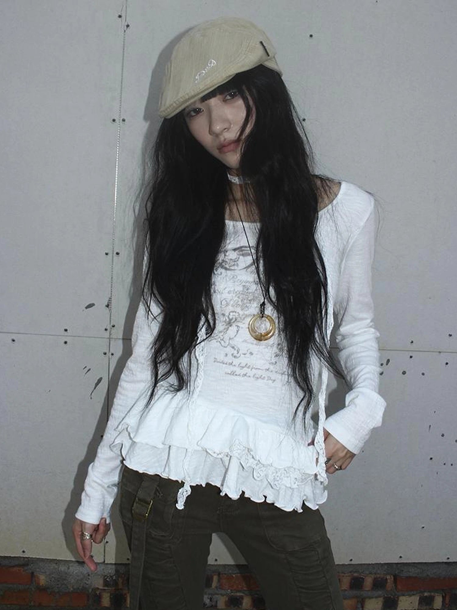 Layered Floral Print Ruffle Hem Long Sleeve Tee