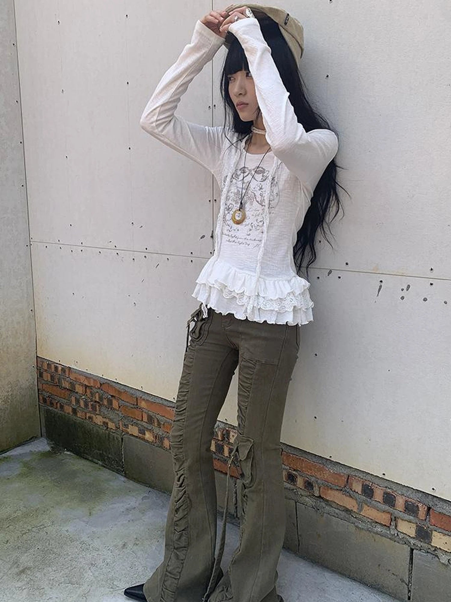 Layered Floral Print Ruffle Hem Long Sleeve Tee