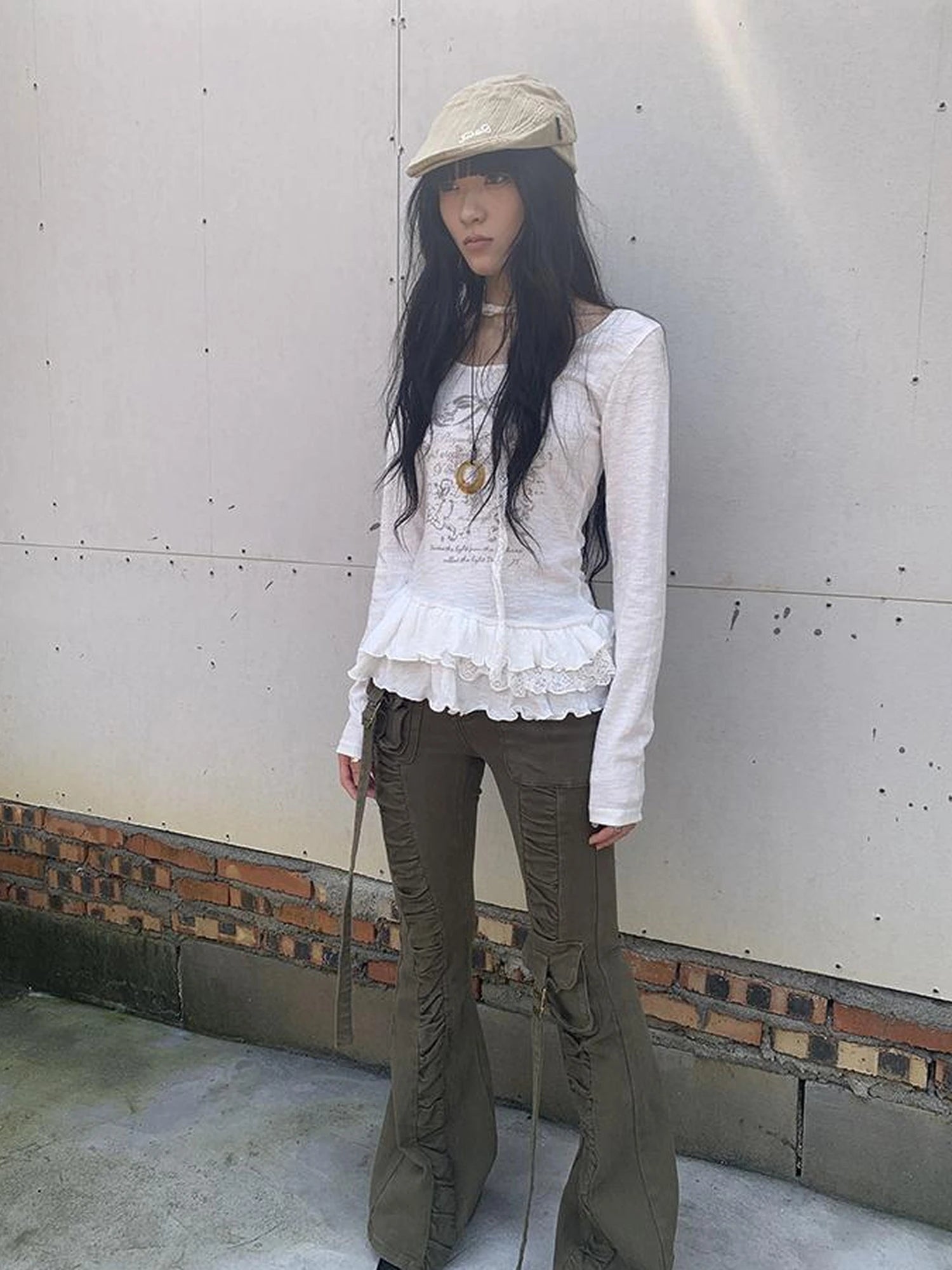 Layered Floral Print Ruffle Hem Long Sleeve Tee