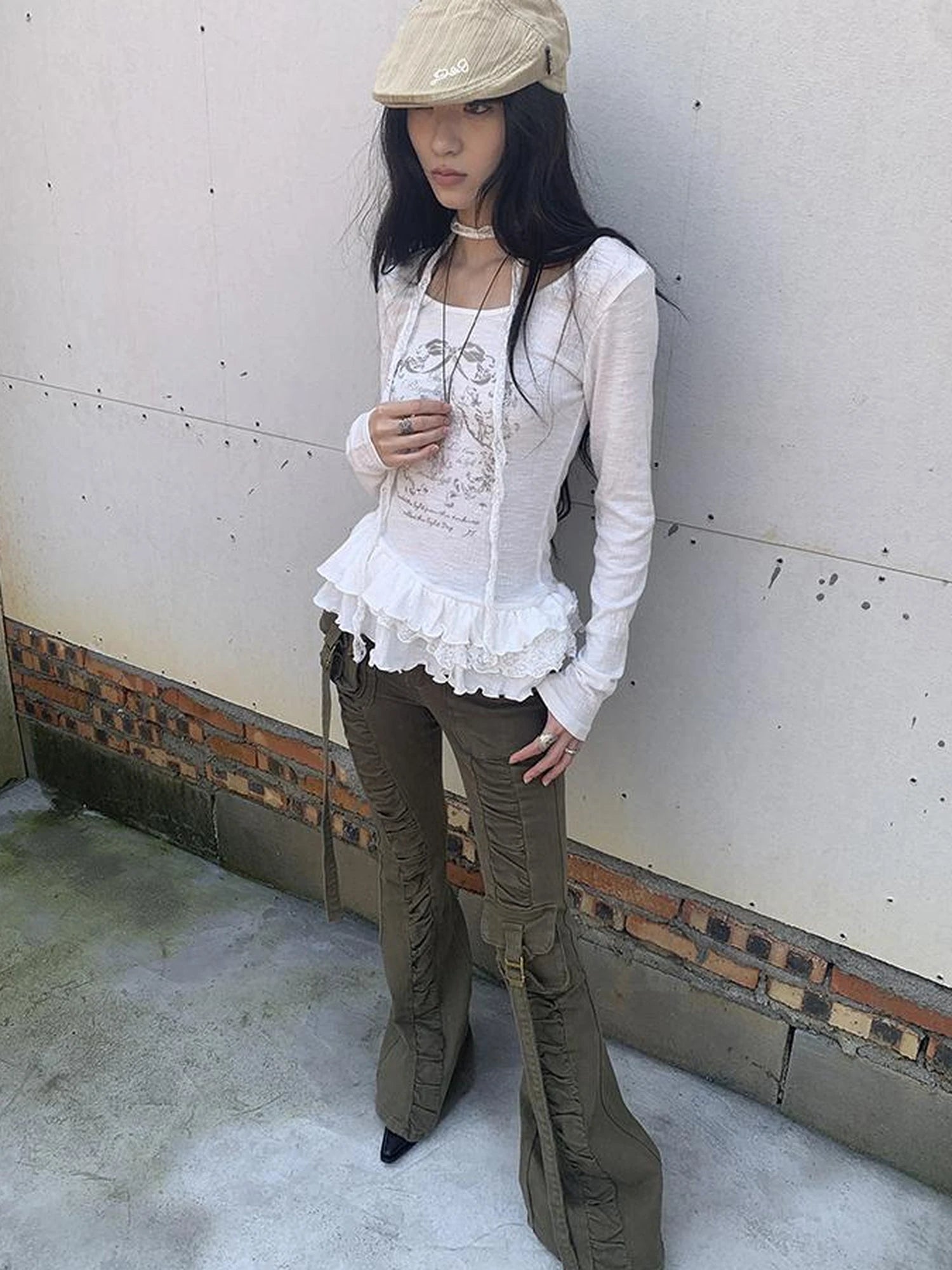Layered Floral Print Ruffle Hem Long Sleeve Tee