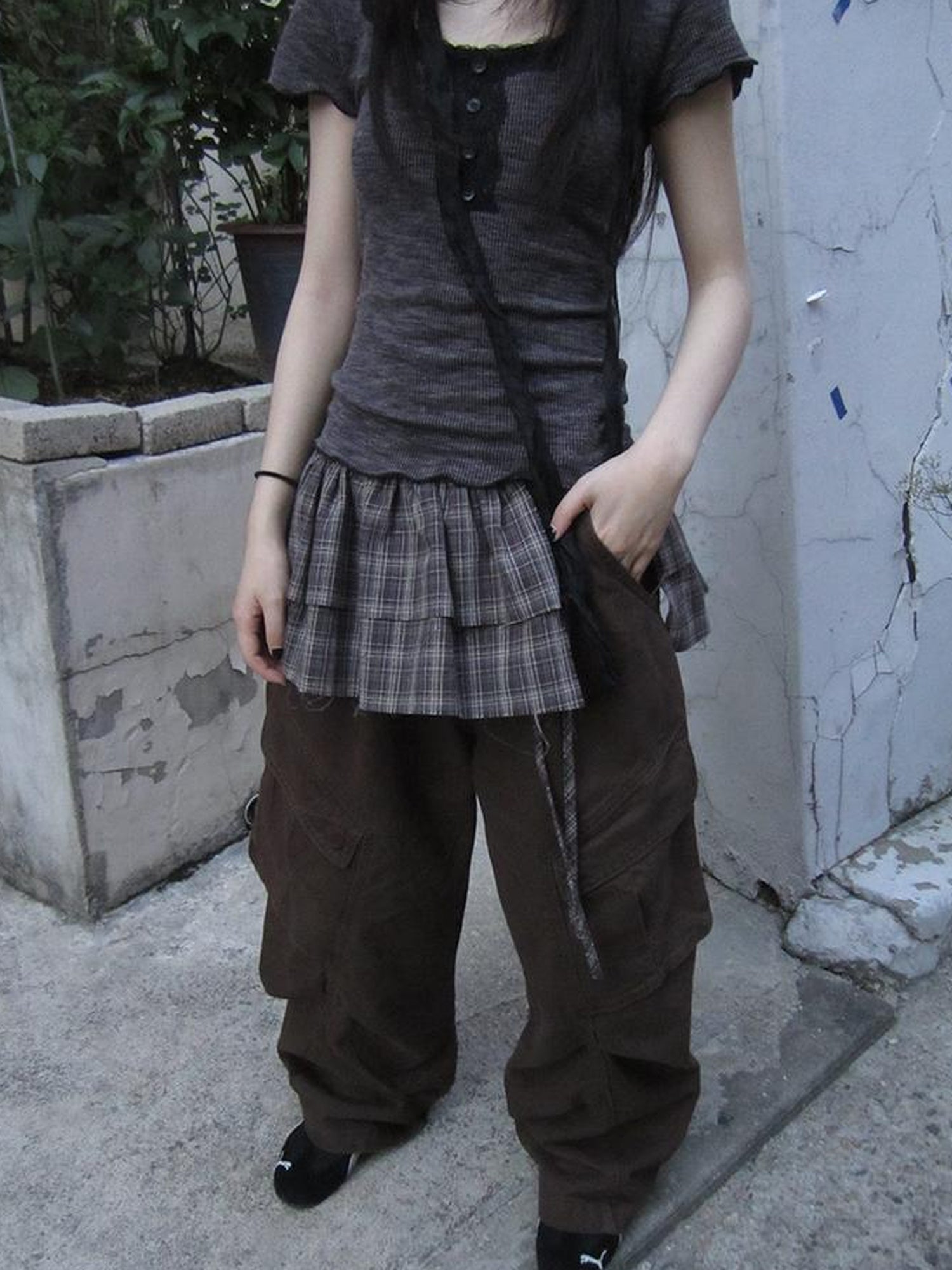 ang project Double Layer Grid Tie Front Layering Brown Plaid Hem Wrap Skirt