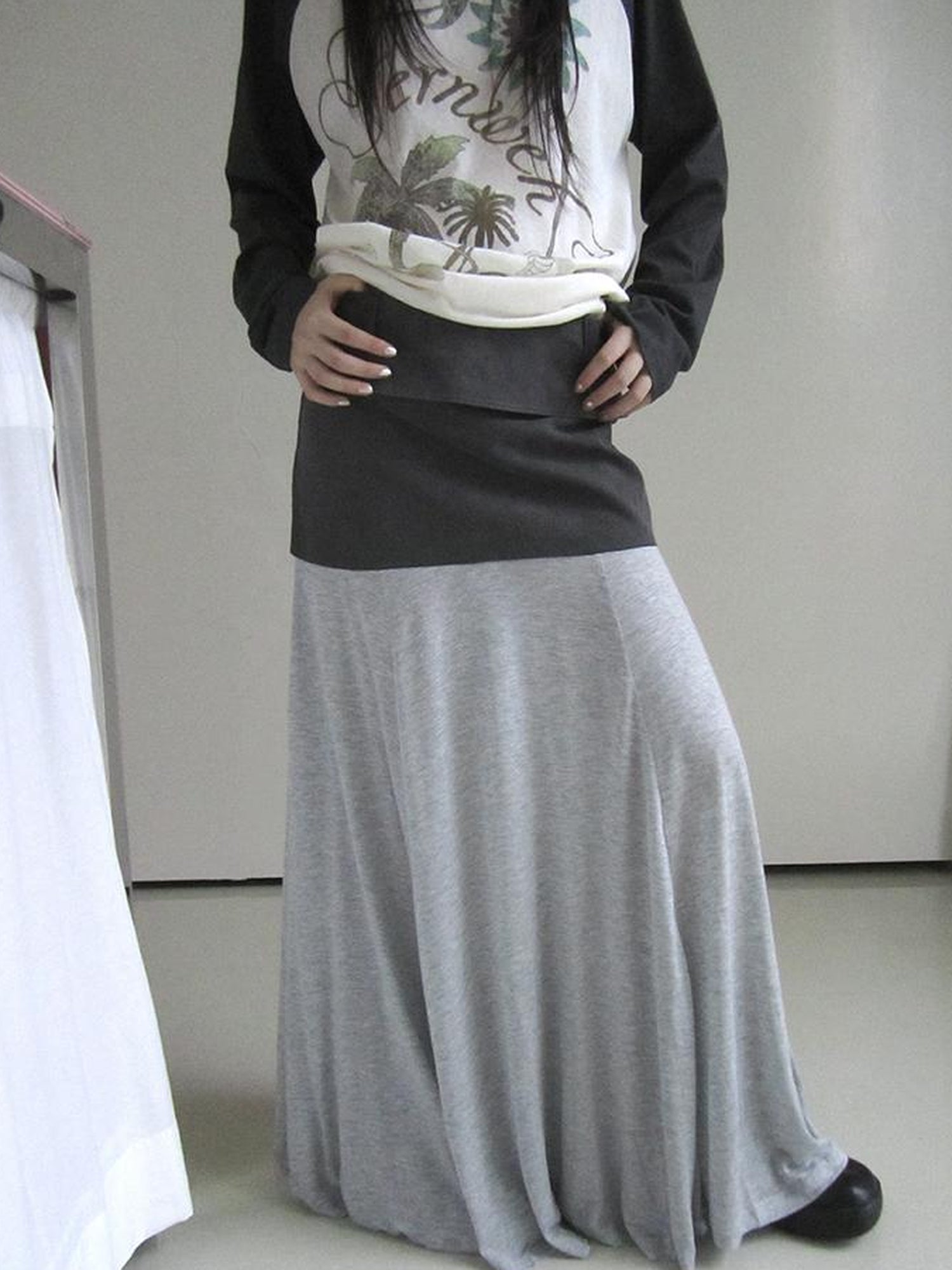 ang project Dual Fabric Contrast Panel Flowy A Line Skirt