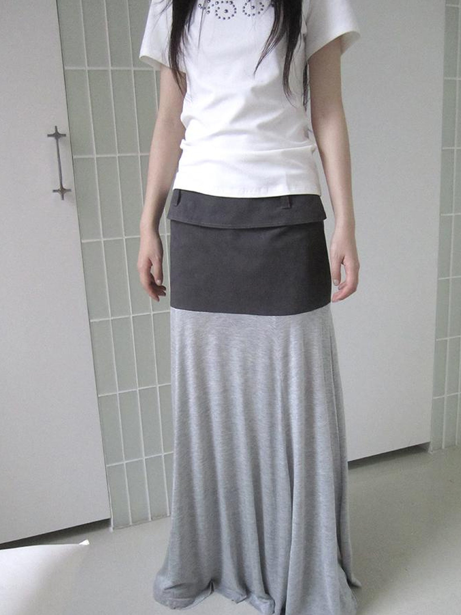 ang project Dual Fabric Contrast Panel Flowy A Line Skirt