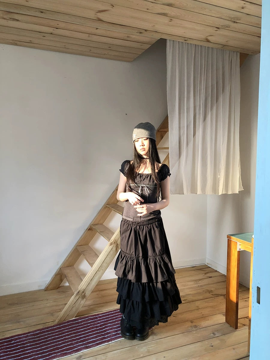 ang project Elastic Waist Lace Patchwork Korean Cake Women Students Black White Maxi Skirt