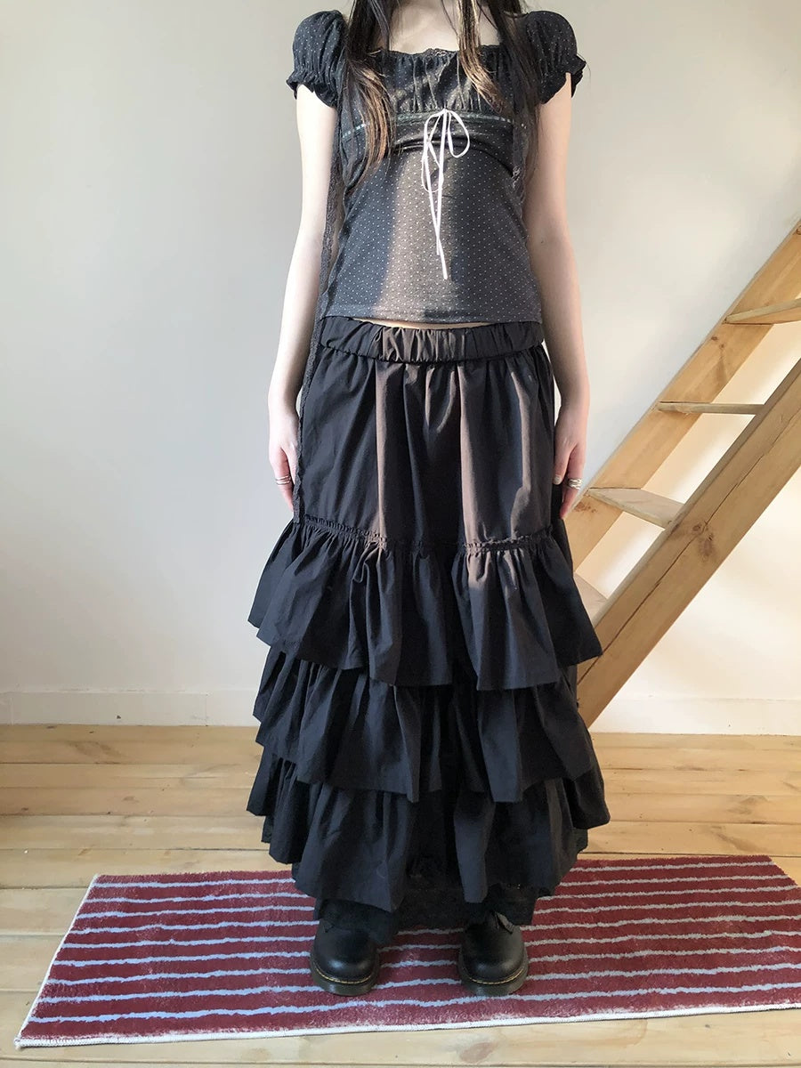 ang project Elastic Waist Lace Patchwork Korean Cake Women Students Black White Maxi Skirt