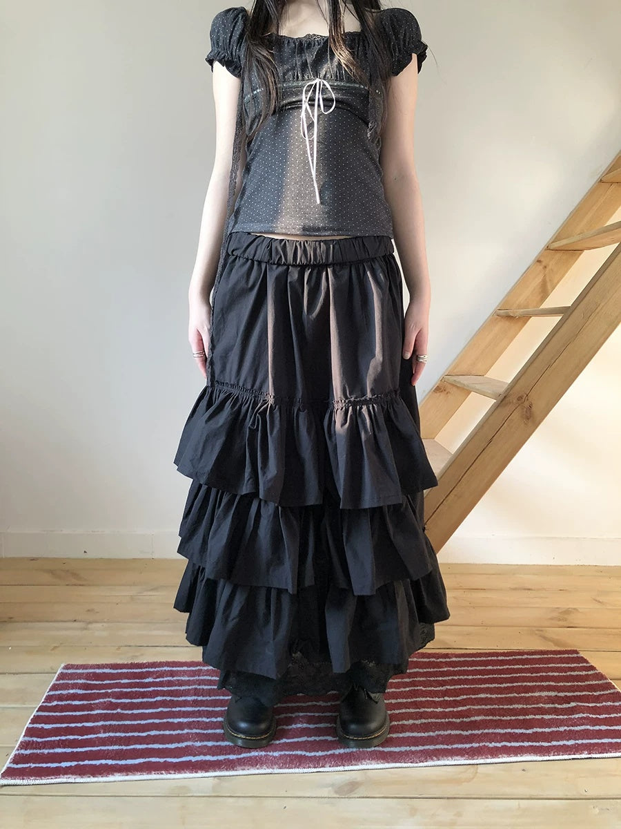 ang project Elastic Waist Lace Patchwork Korean Cake Women Students Black White Maxi Skirt