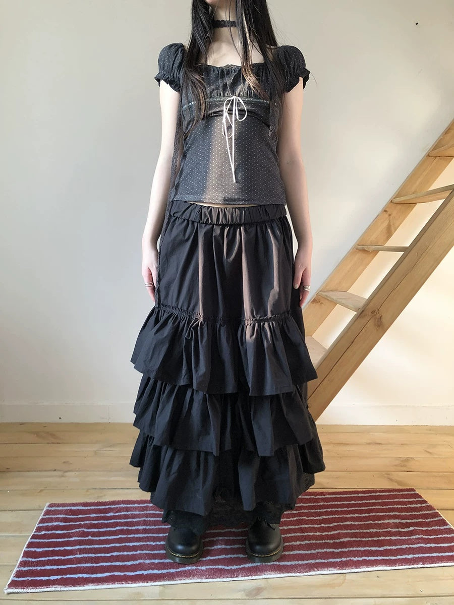 ang project Elastic Waist Lace Patchwork Korean Cake Women Students Black White Maxi Skirt