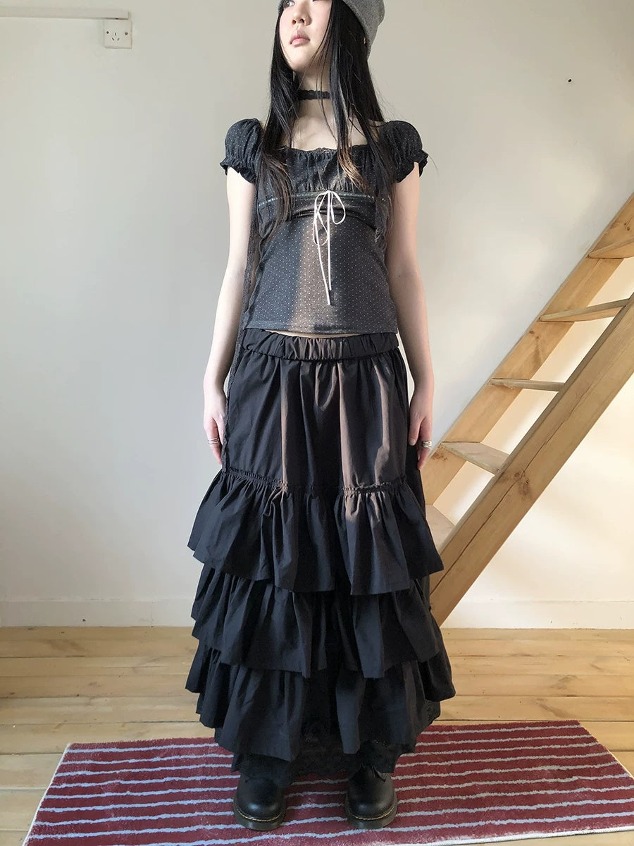 ang project Elastic Waist Lace Patchwork Korean Cake Women Students Black White Maxi Skirt