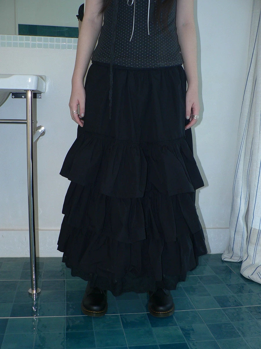 ang project Elastic Waist Lace Patchwork Korean Cake Women Students Black White Maxi Skirt