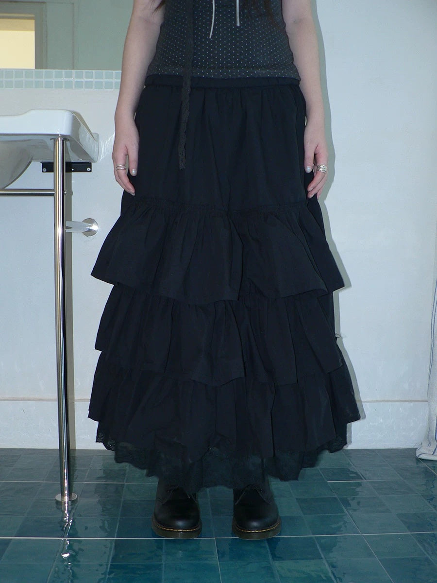 ang project Elastic Waist Lace Patchwork Korean Cake Women Students Black White Maxi Skirt