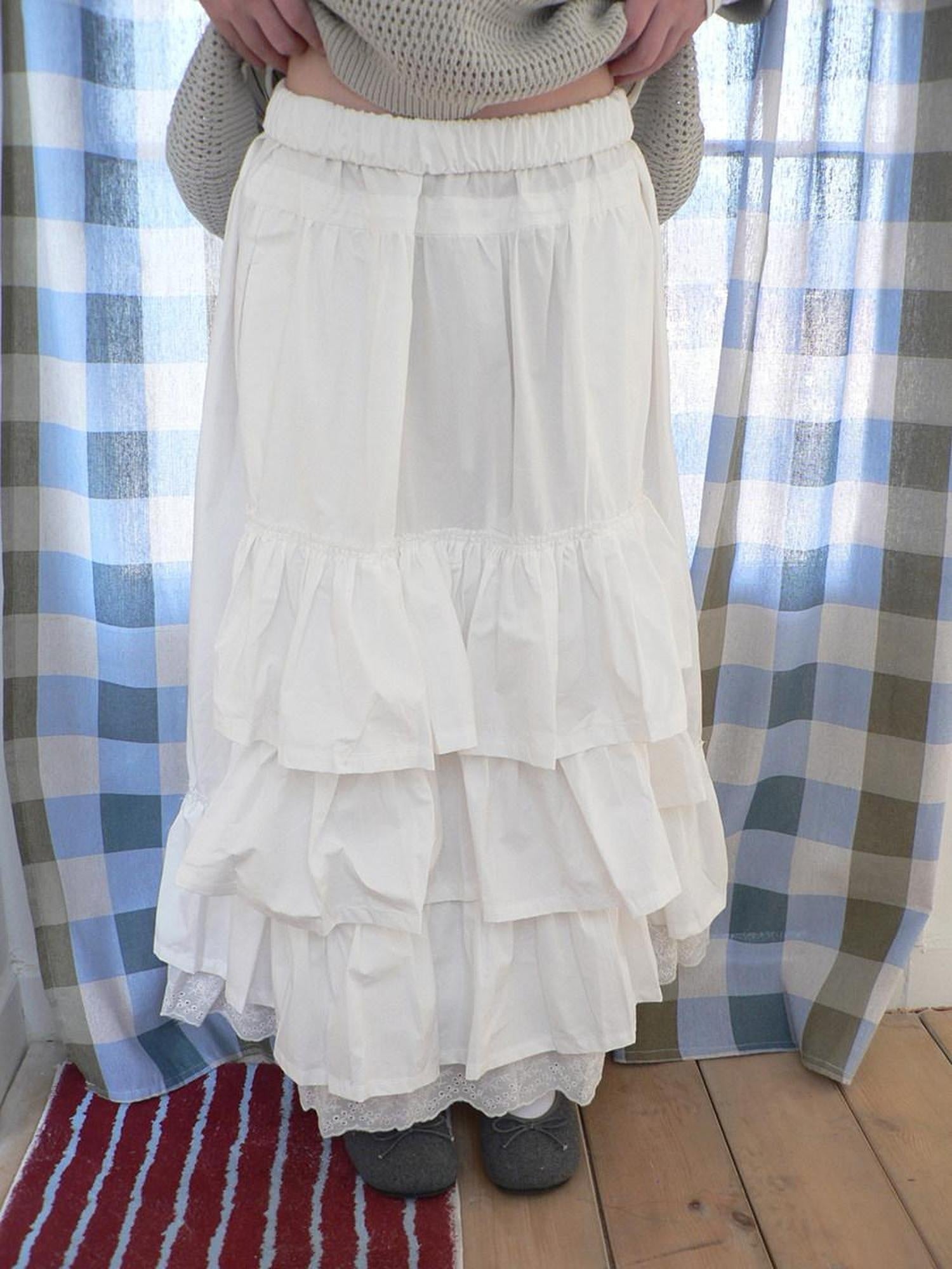 ang project Elastic Waist Lace Patchwork Korean Cake Women Students Black White Maxi Skirt