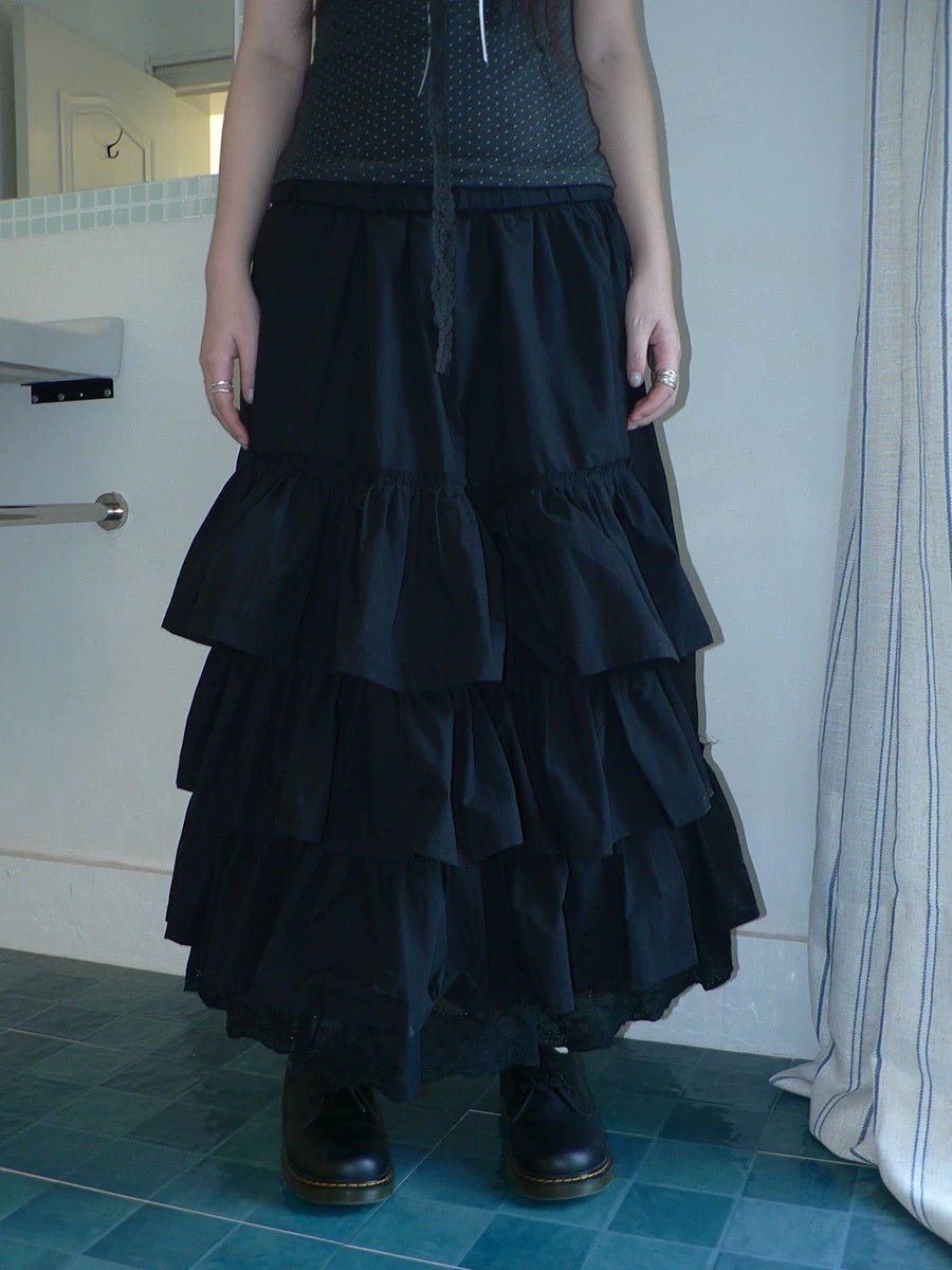 ang project Elastic Waist Lace Patchwork Korean Cake Women Students Black White Maxi Skirt