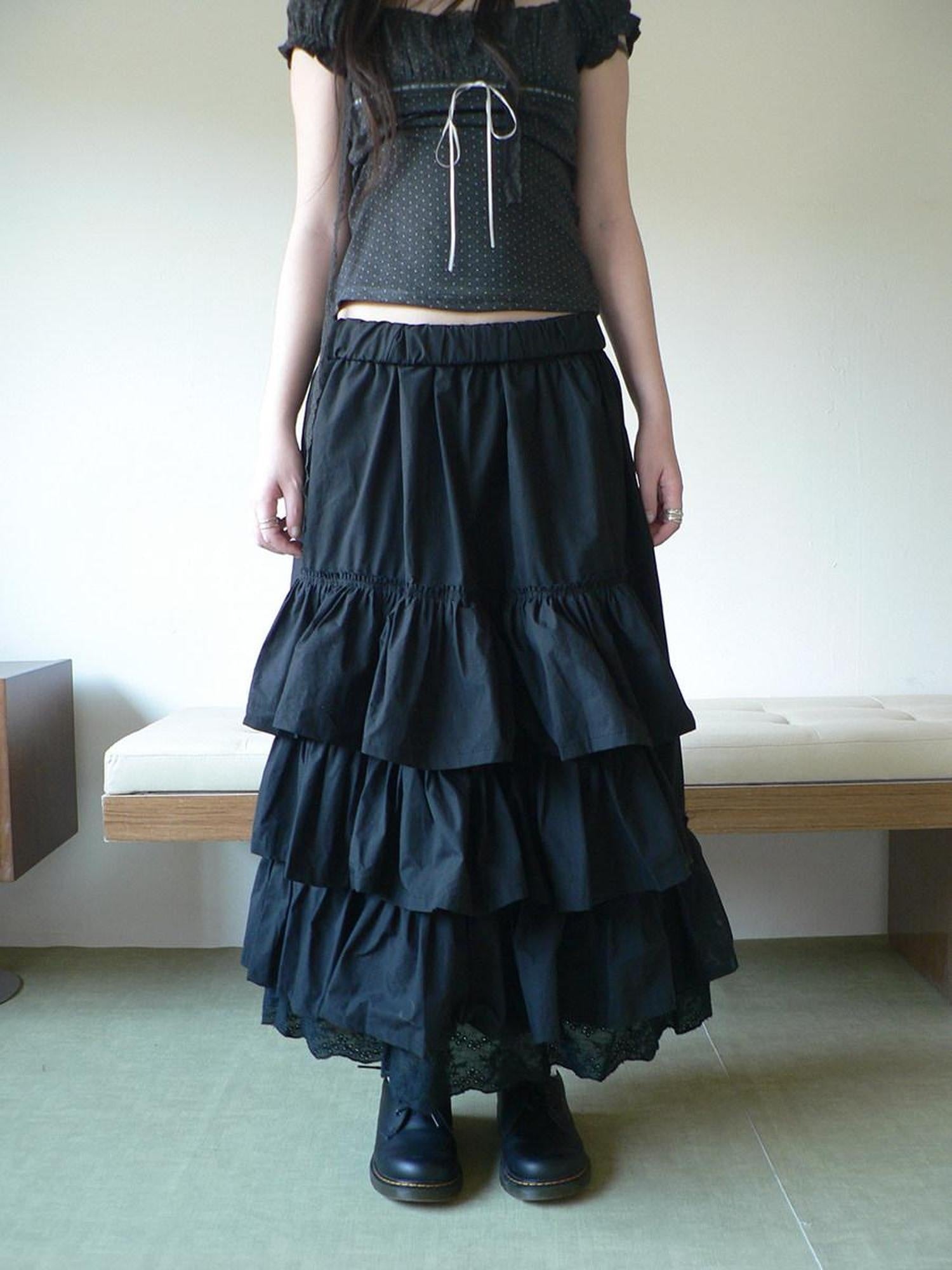 ang project Elastic Waist Lace Patchwork Korean Cake Women Students Black White Maxi Skirt