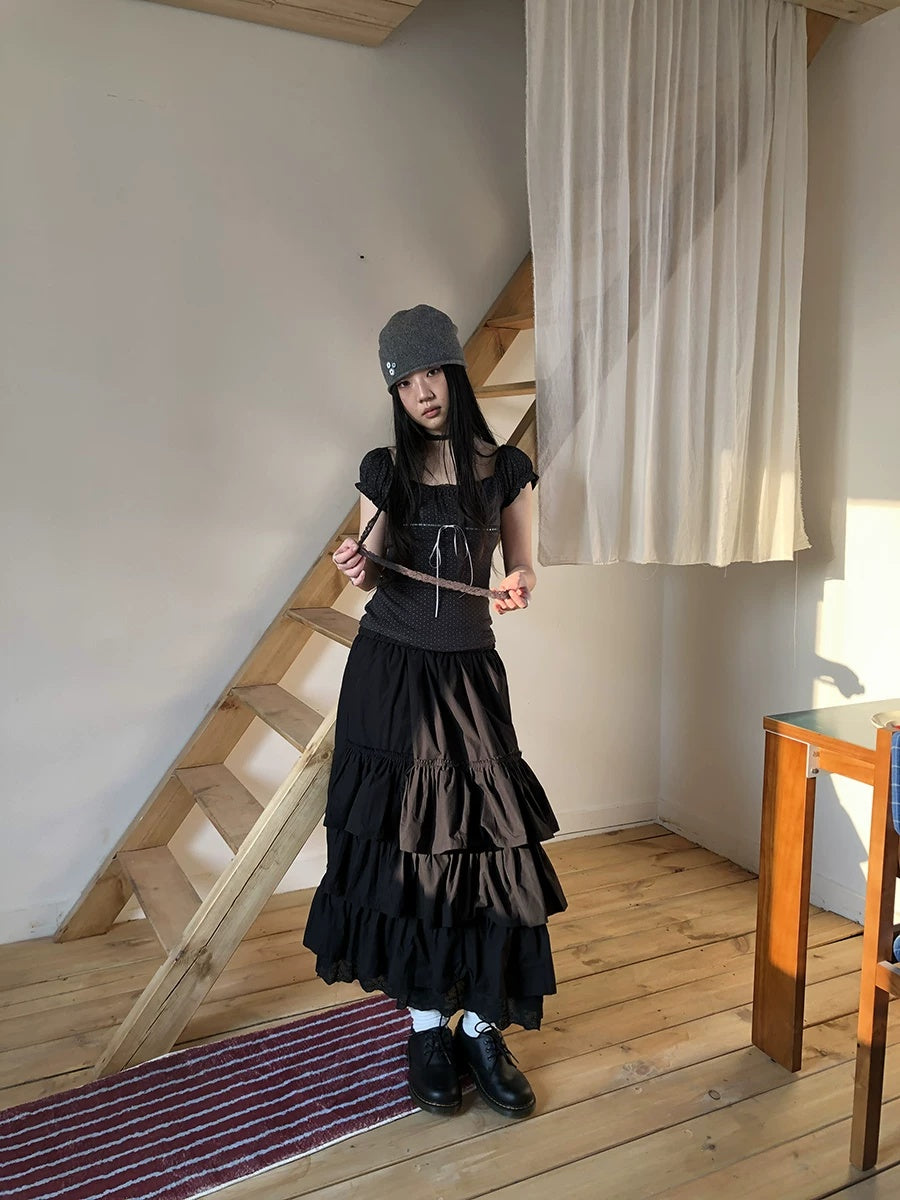 ang project Elastic Waist Lace Patchwork Korean Cake Women Students Black White Maxi Skirt
