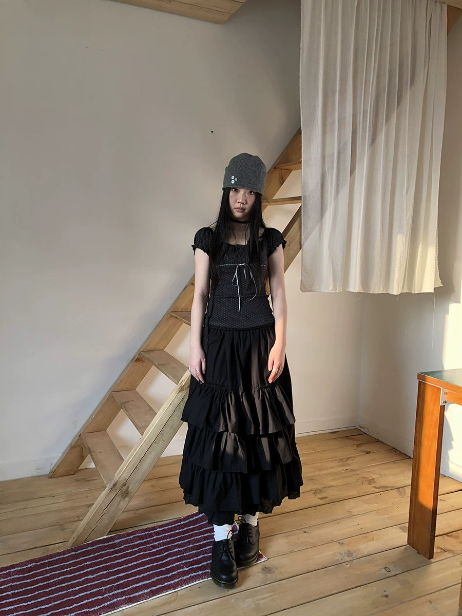 ang project Elastic Waist Lace Patchwork Korean Cake Women Students Black White Maxi Skirt