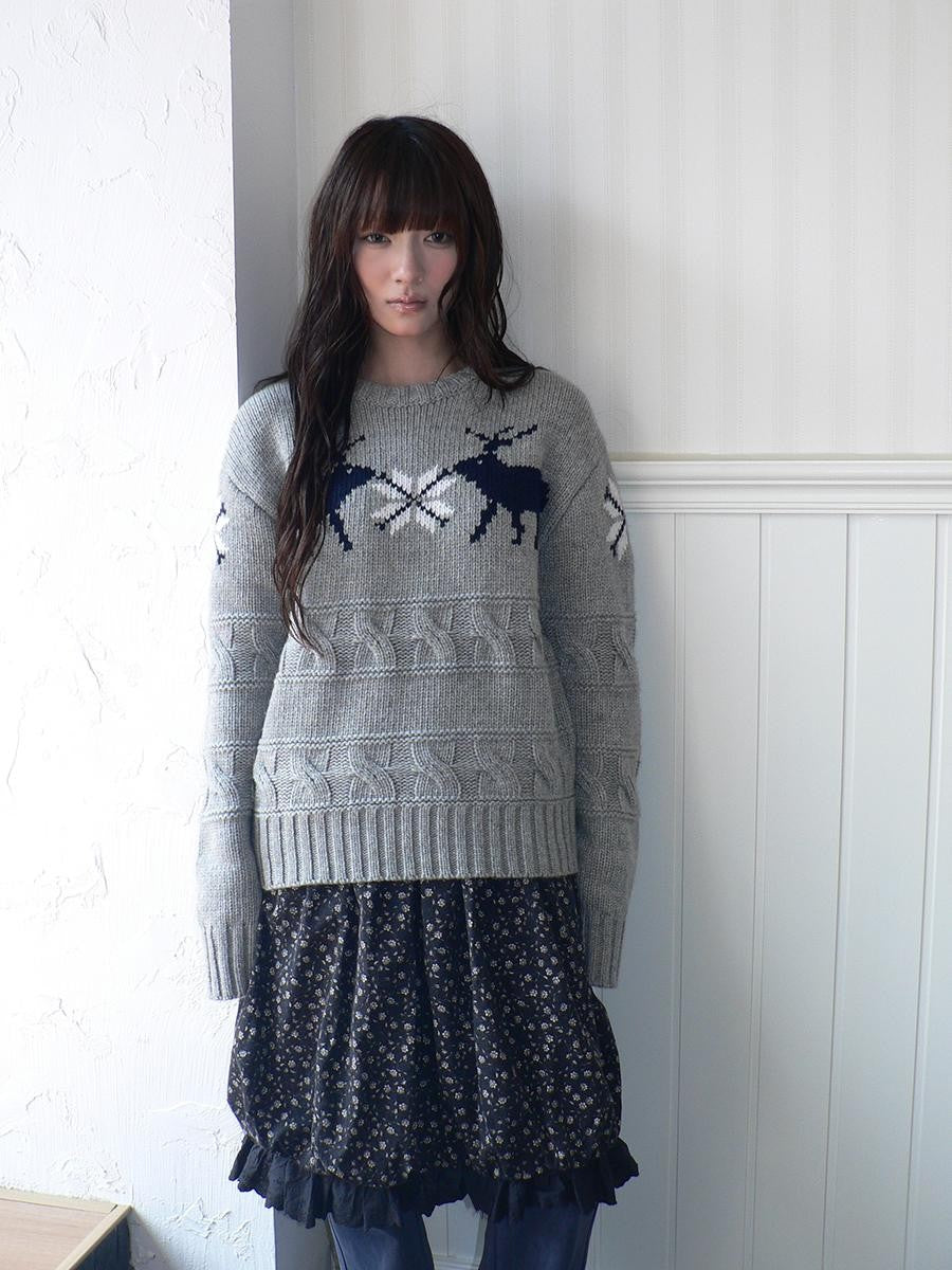 ang project Fair Isle Deer Jacquard Crewneck Pullover Women&