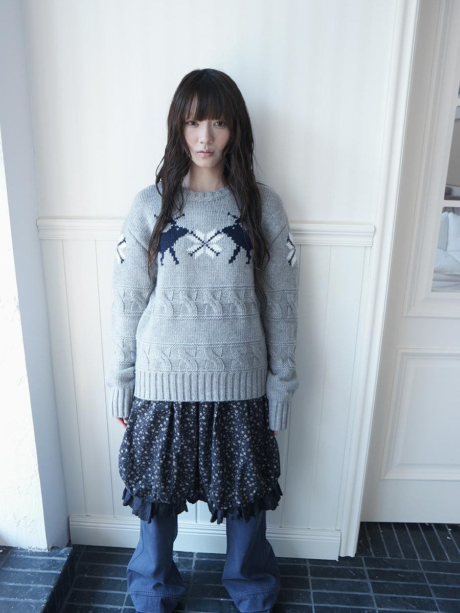 ang project Fair Isle Deer Jacquard Crewneck Pullover Women&