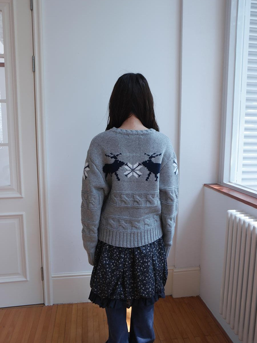 ang project Fair Isle Deer Jacquard Crewneck Pullover Women&