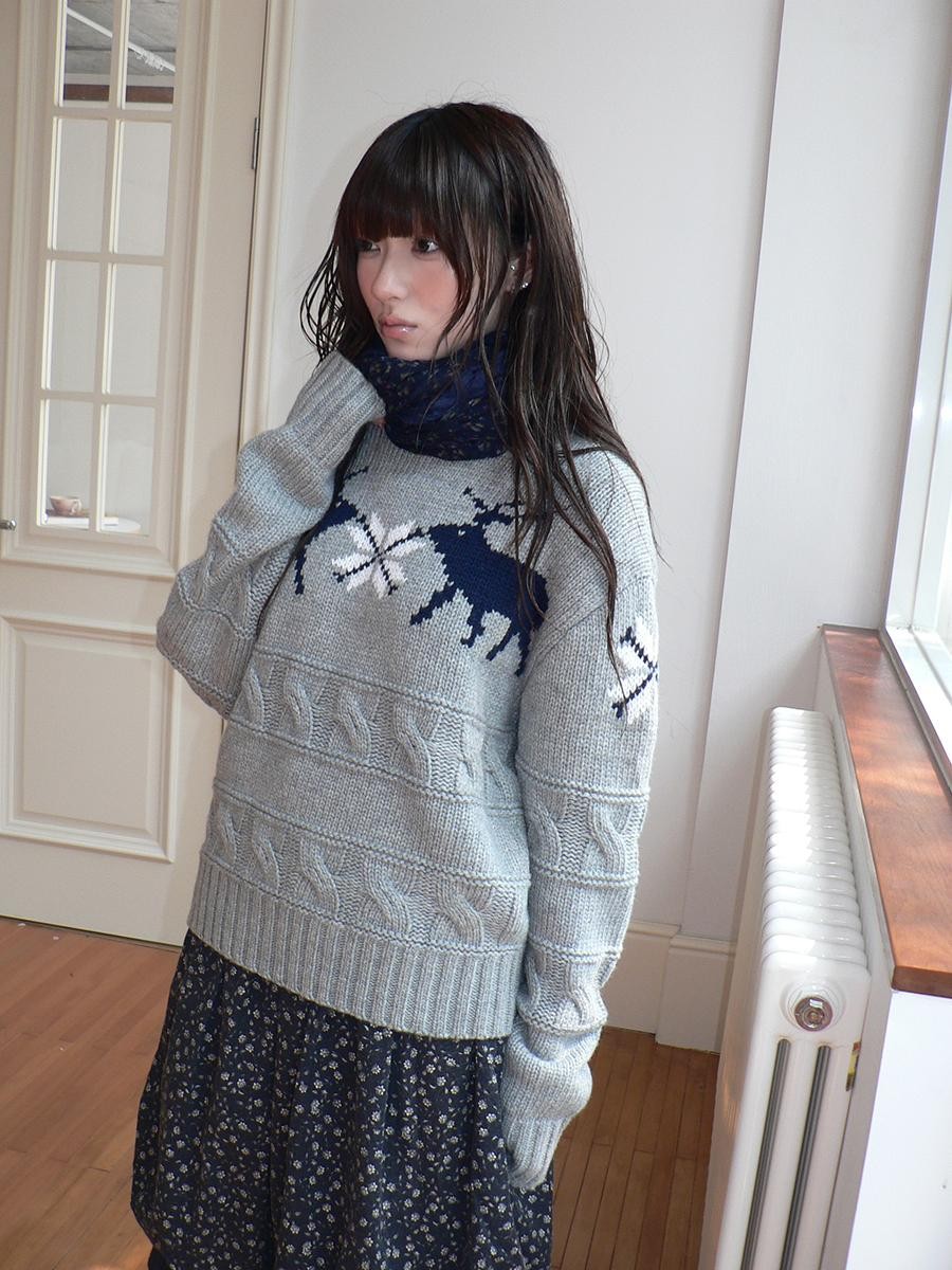 ang project Fair Isle Deer Jacquard Crewneck Pullover Women&