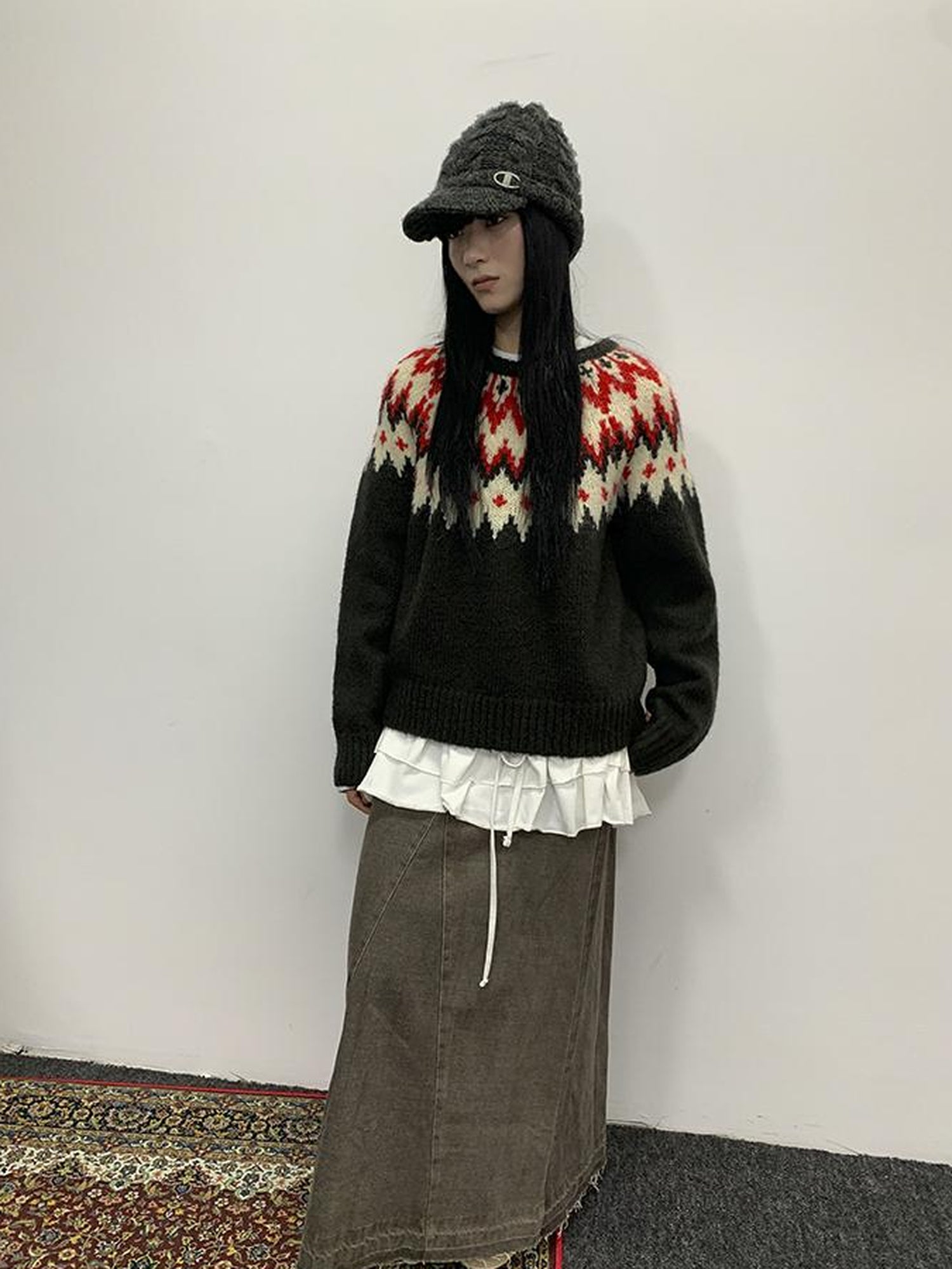 Updateang project Fair Isle Knit Sweater Women Autumn Winter Vintage Loose Fit Thick Warm