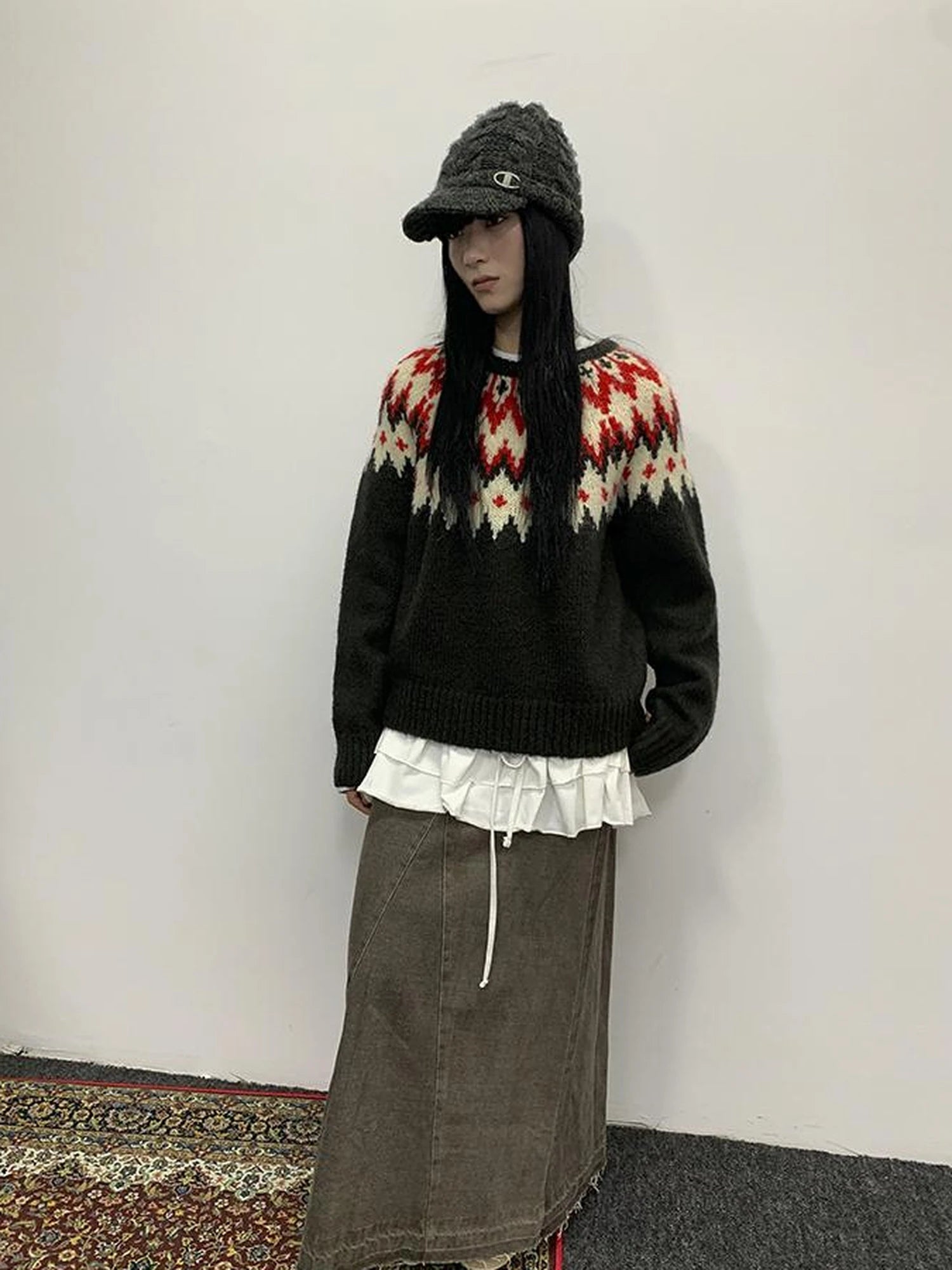 Fair Isle Knit Sweater Women Autumn Winter Vintage Loose Fit Thick Warm