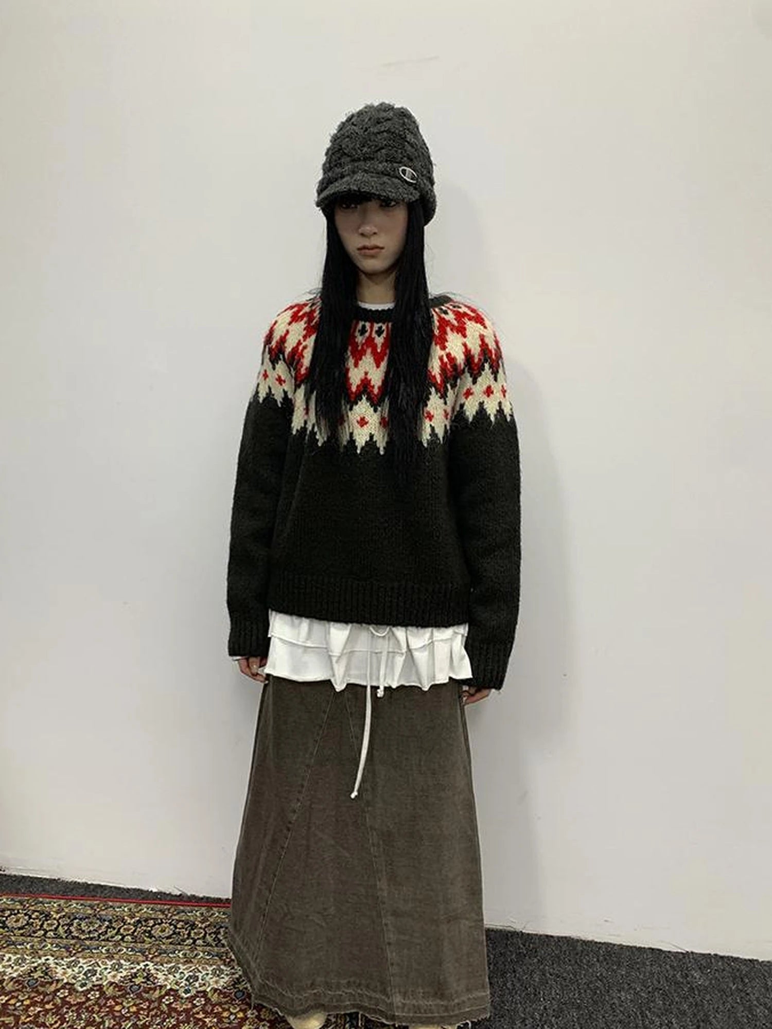 Fair Isle Knit Sweater Women Autumn Winter Vintage Loose Fit Thick Warm