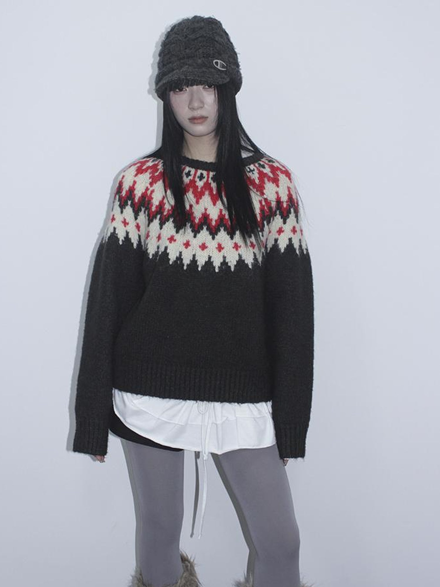 Updateang project Fair Isle Knit Sweater Women Autumn Winter Vintage Loose Fit Thick Warm